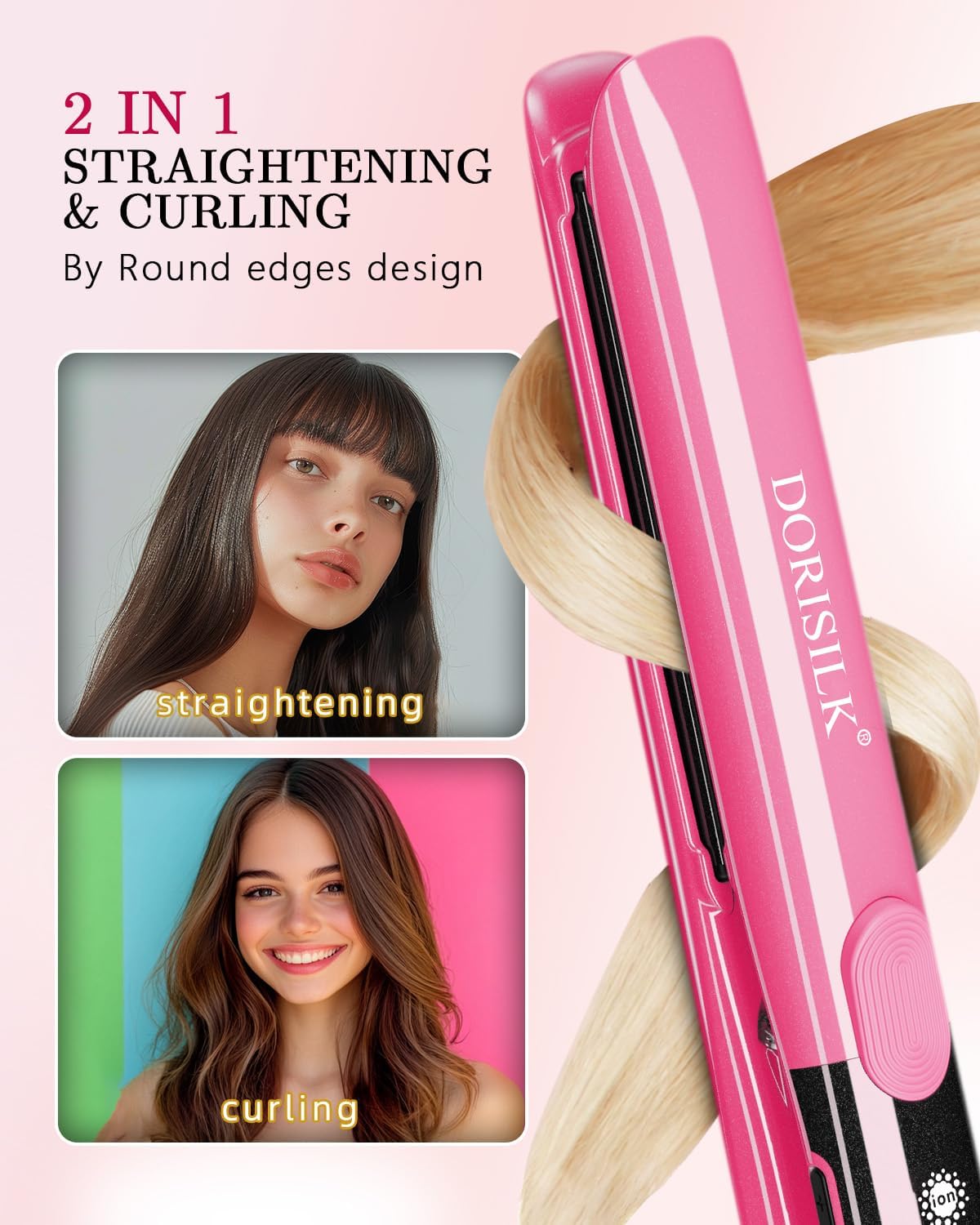 Detalle de DORISILK 1-Inch Ceramic Flat Iron, 2-in-1 Straightener and Curler, 500°F