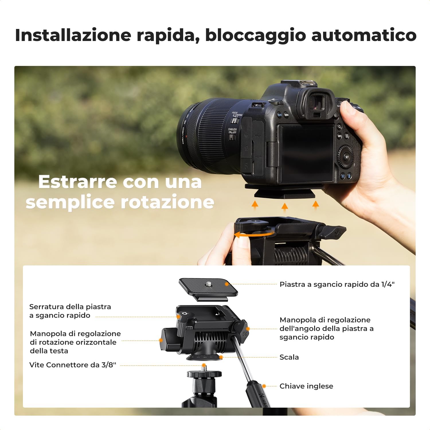 Detalle de K&F Concept Treppiede Fotocamera 196 cm con Testa BV01 a 3 Vie – Supporto DSLR/Smartphone