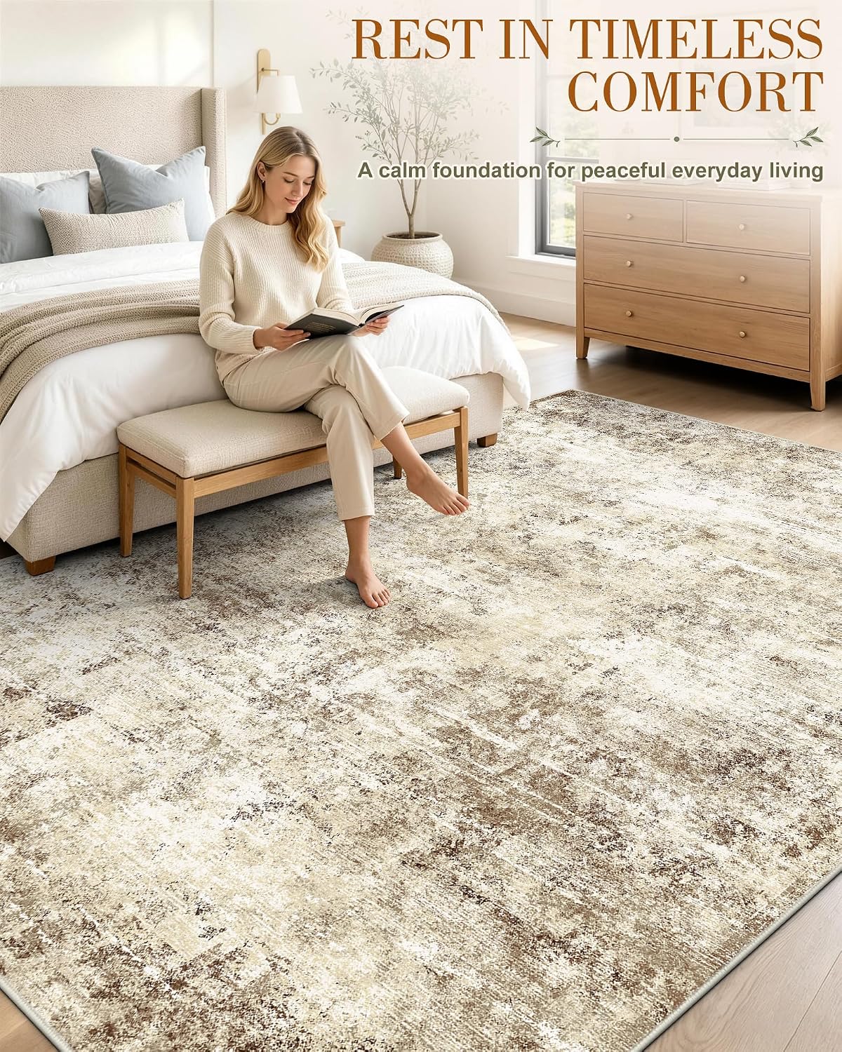 Detalle de OLANLY 5' x 7' Washable Area Rug, Beige Distressed Abstract Low-Pile