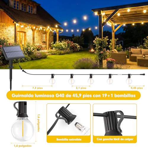 Detalle de Warlisou Guirnaldas Luces Exterior Jardin Solar - G40 14 m, 45.9 ft, 14 LEDs, IP44/IP65, Control Remoto y Carga Dual