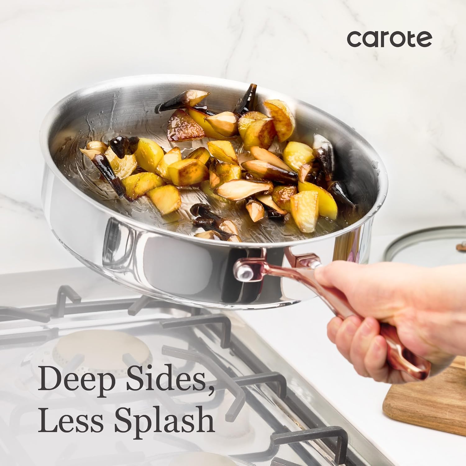 Detalle de CAROTE 21pc Tri-Ply Stainless Steel Cookware Set (Pots and Pans), Induction Safe, Mirror Polish, Gold