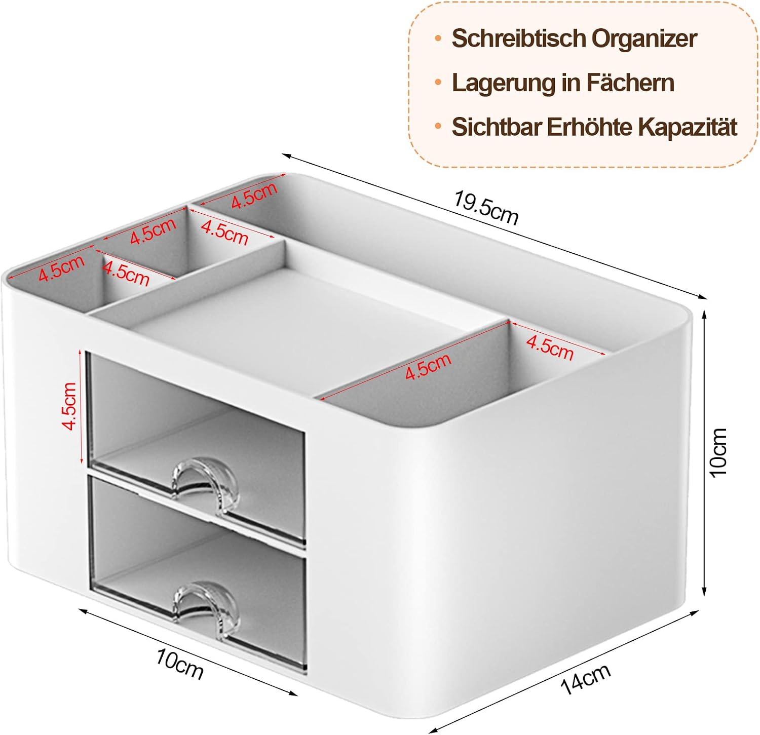 Detalle 2 de PAMIYO Schreibtisch Organizer mit 7 Fächern, Kunststoff (weiß) – Stiftehalter mit Schublade für Büro, Zuhause & Schule