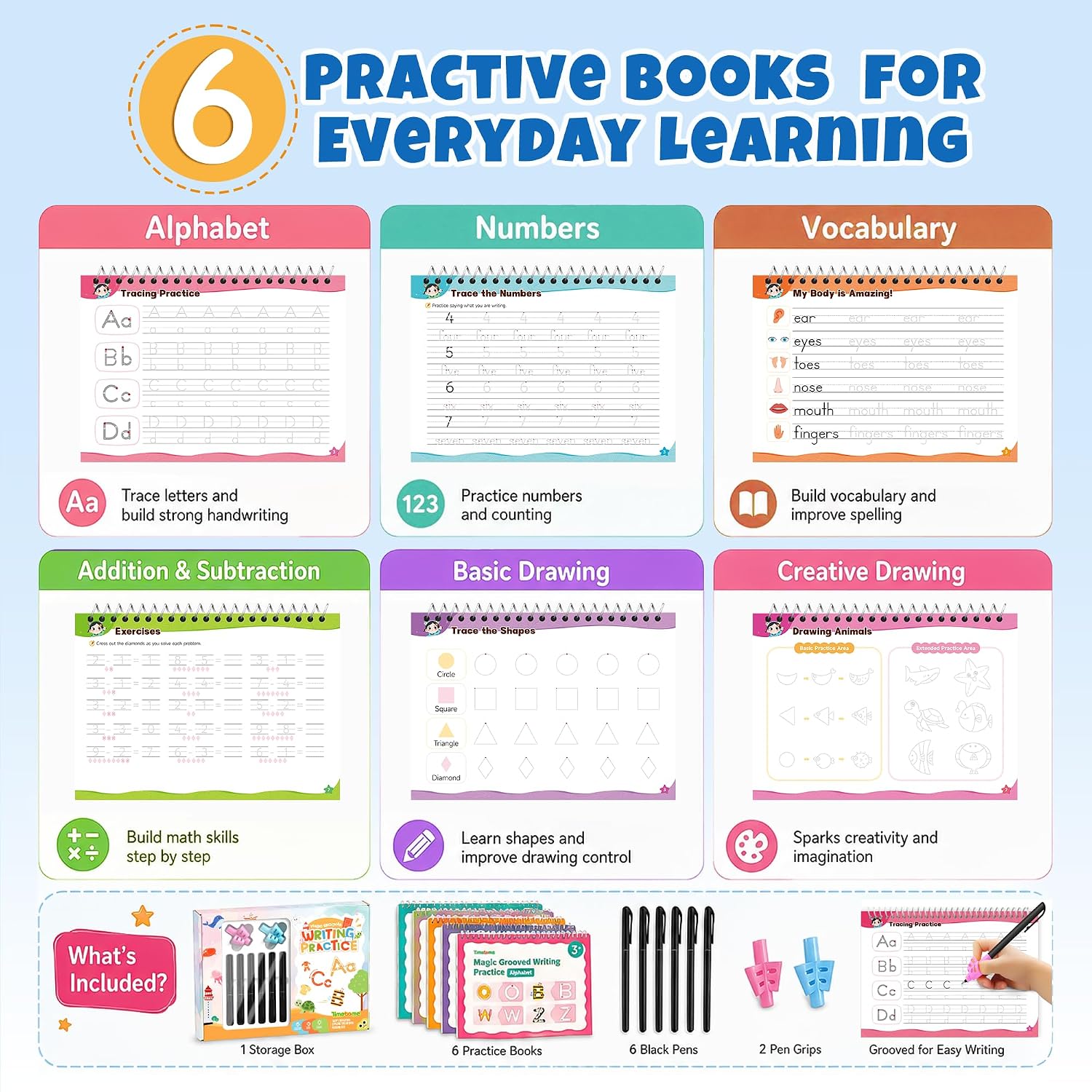 Detalle de Timetome Magic Grooved Writing Practice for Kids, 6 Reusable Books, Ages 3–8