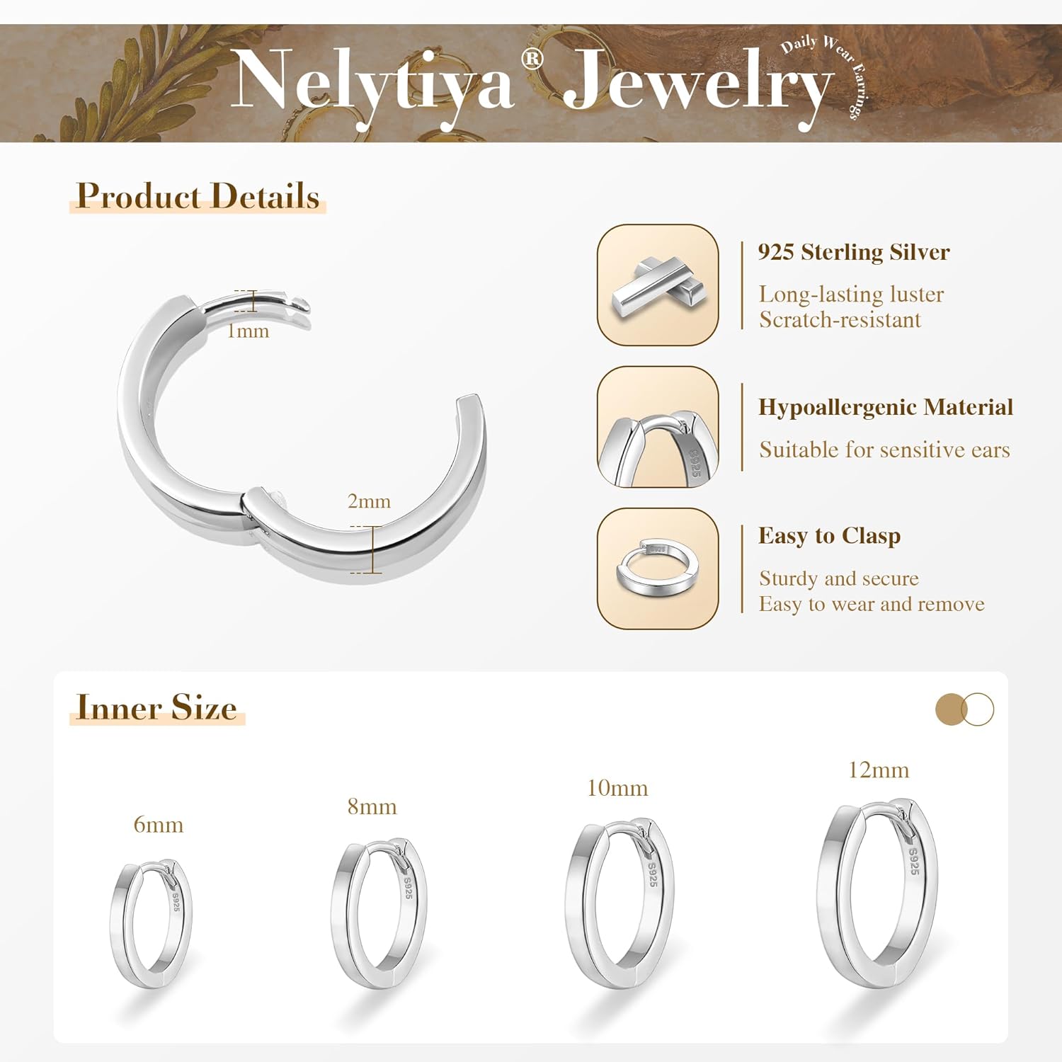 Detalle de Nelytiya 4‑er Creolen‑Set 6/8/10/12 mm Silber 925 💍