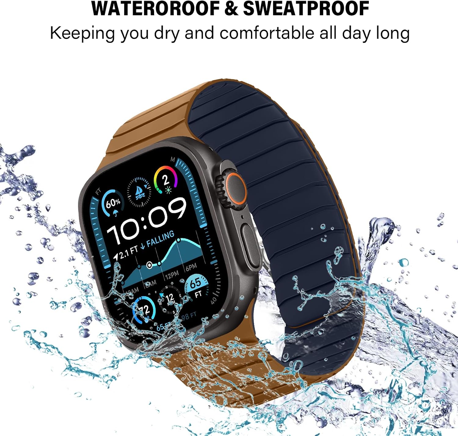 Detalle de Sixmoat Magnetic Silicone Strap for Apple Watch (42mm/41mm/40mm/38mm) – Brown-Indigo, 150–215mm wrists
