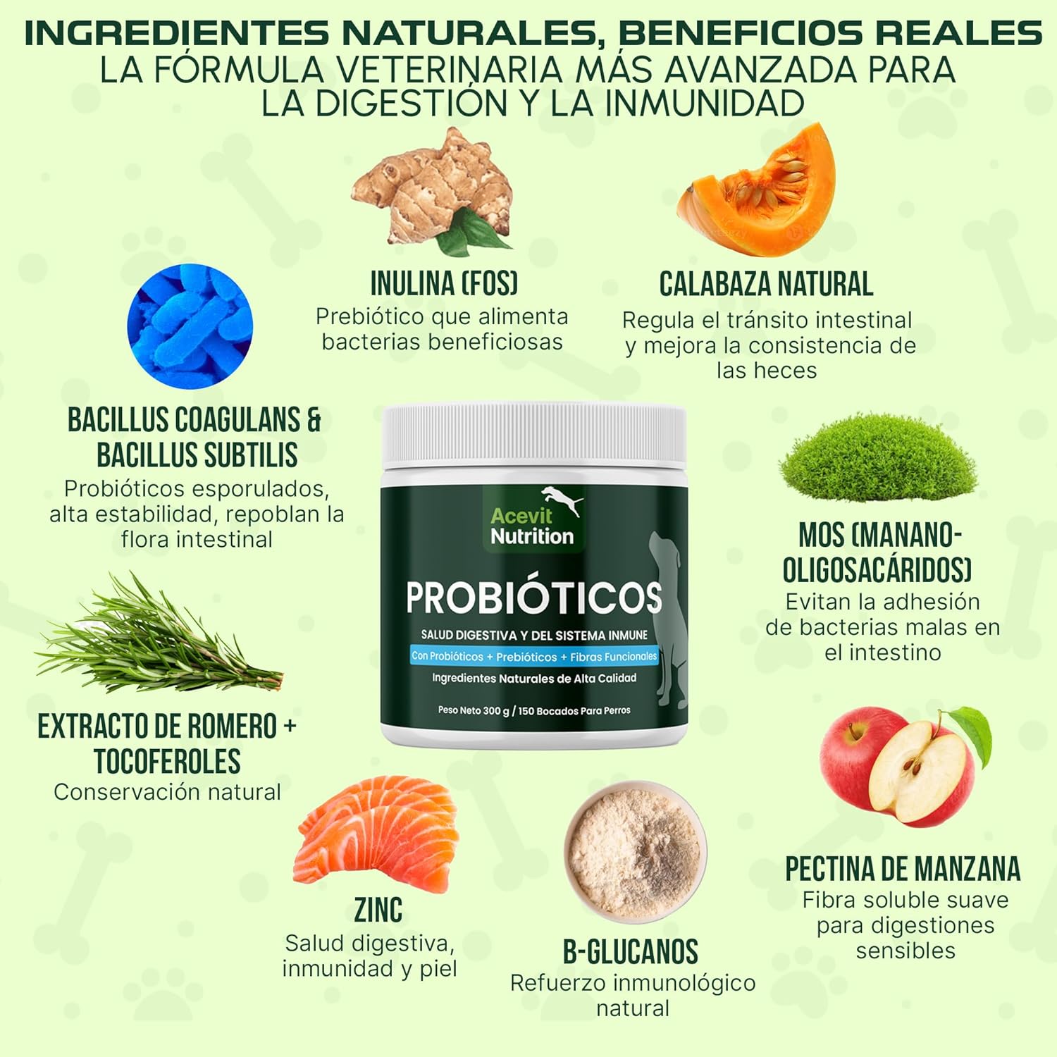 Detalle de Acevit Nutrition Probióticos para perros 150 uds (2 billones UFC) con prebióticos y fibras