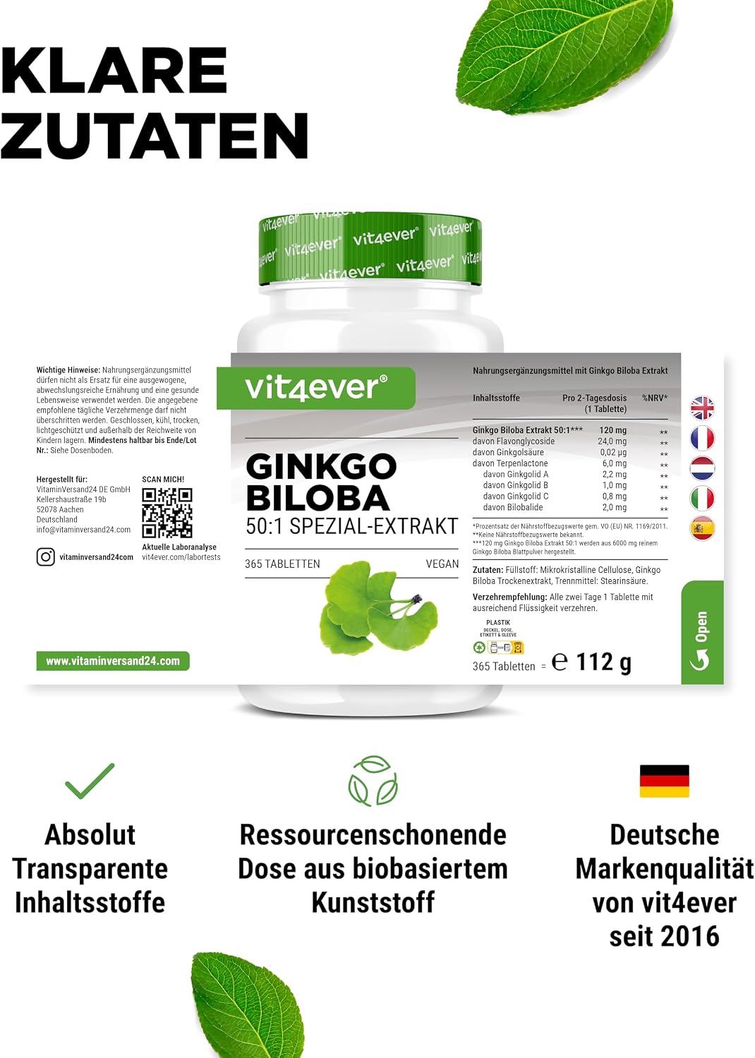 Thumbnail 4 de Vit4ever Ginkgo Biloba 6000 mg – 365 Tabletten 🍃