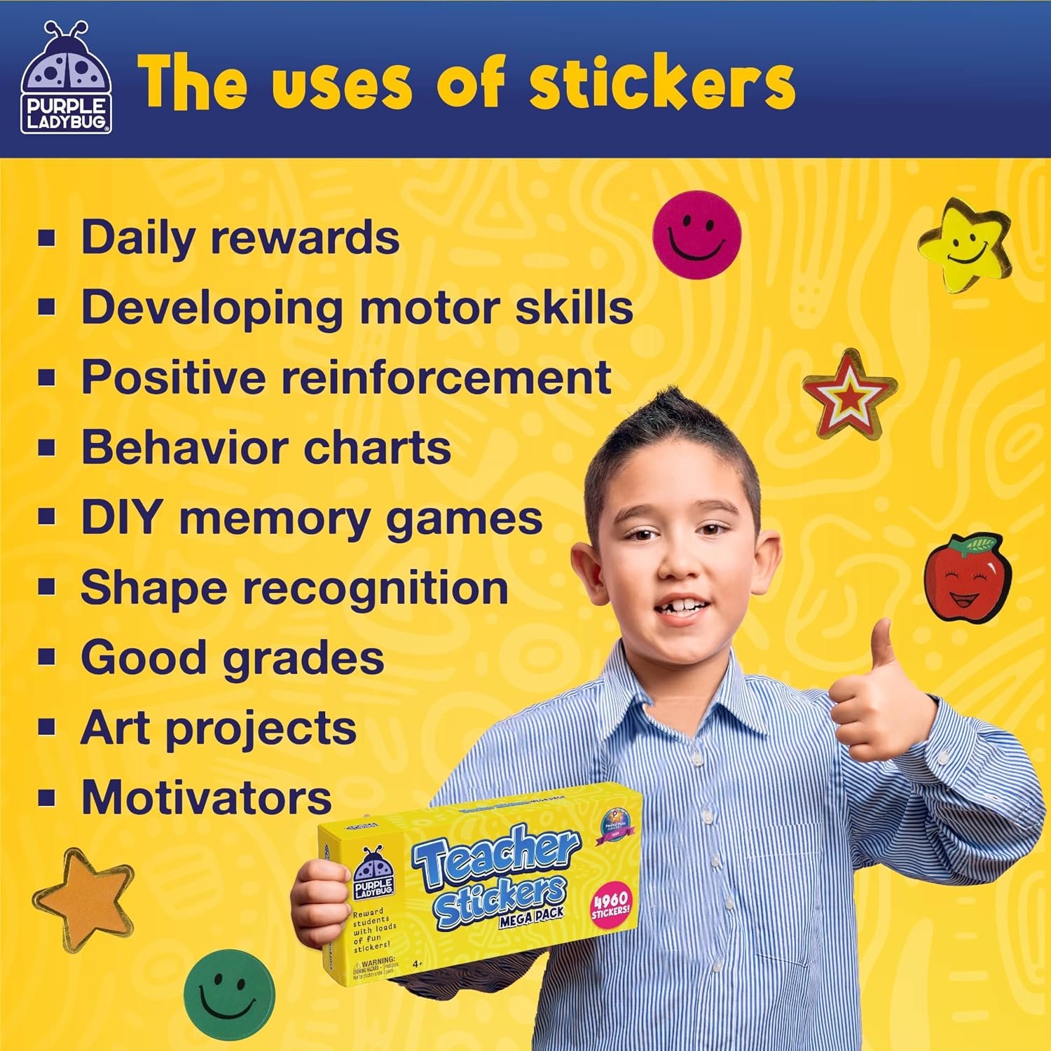 Detalle de PURPLE LADYBUG Q7-C9AP-EUPI Teacher Reward Stickers, 4,960 Stars and Smiley Designs