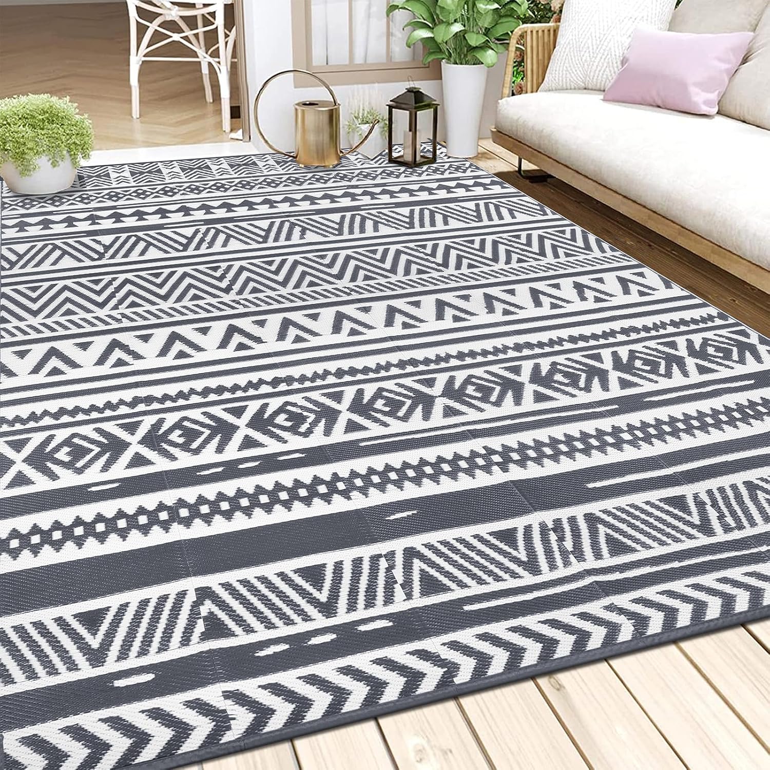Detalle de Tapis d’extérieur réversible Enyhom 270 x 360 cm – Gris Plastique Durable, résistant UV et polyvalent