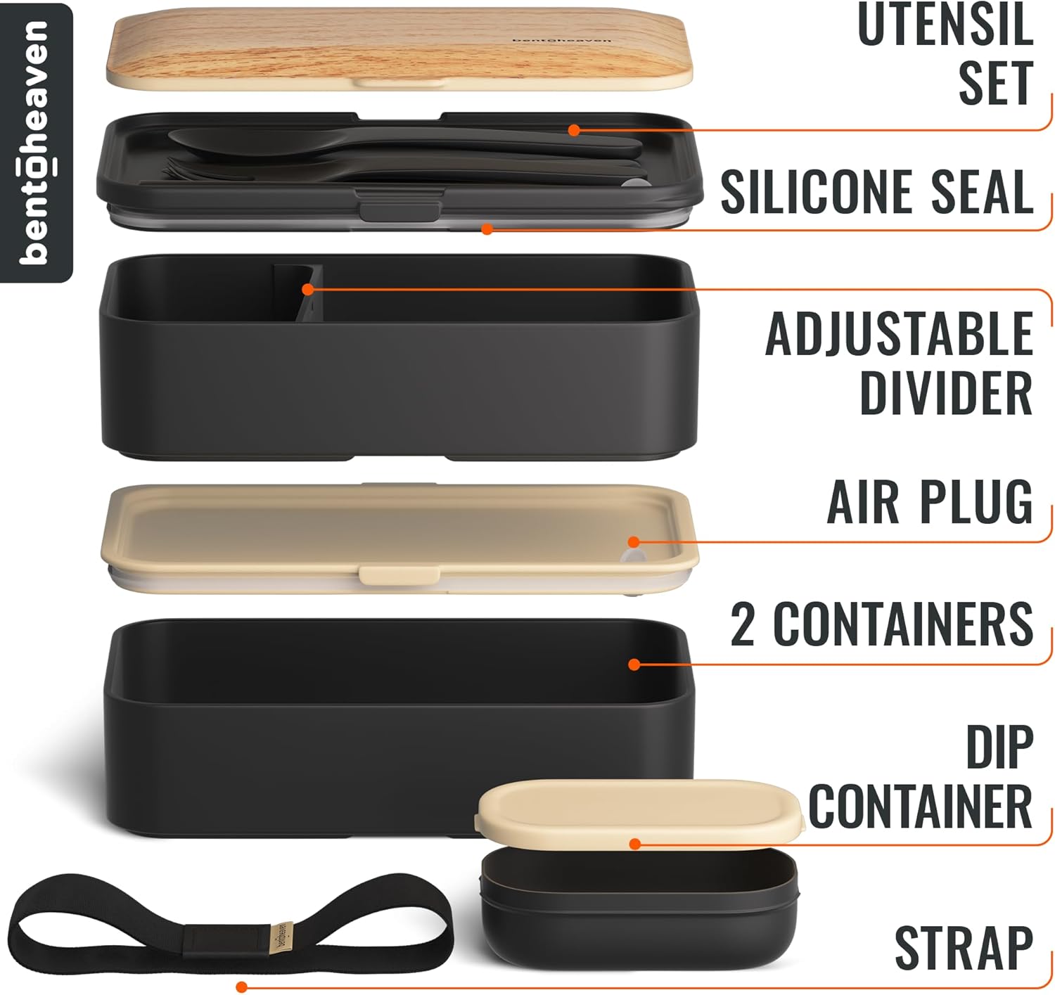 Thumbnail 2 de Bentoheaven Premium Bento Box Adult Lunch Box (Microwavable, Compartments, Utensils & Dip Container) — Symph Onyx