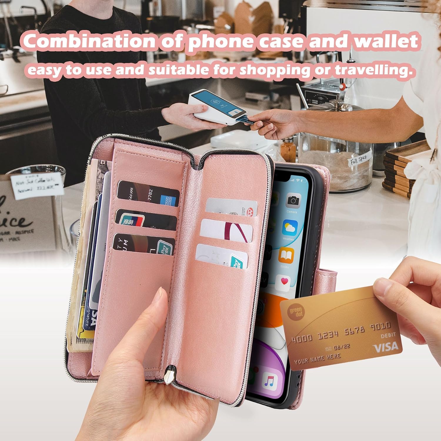Detalle de ZCDAYE Wallet Phone Case for iPhone 16 Pro Max – Premium Rose Gold Leather with Card Slots and Magnetic Closure