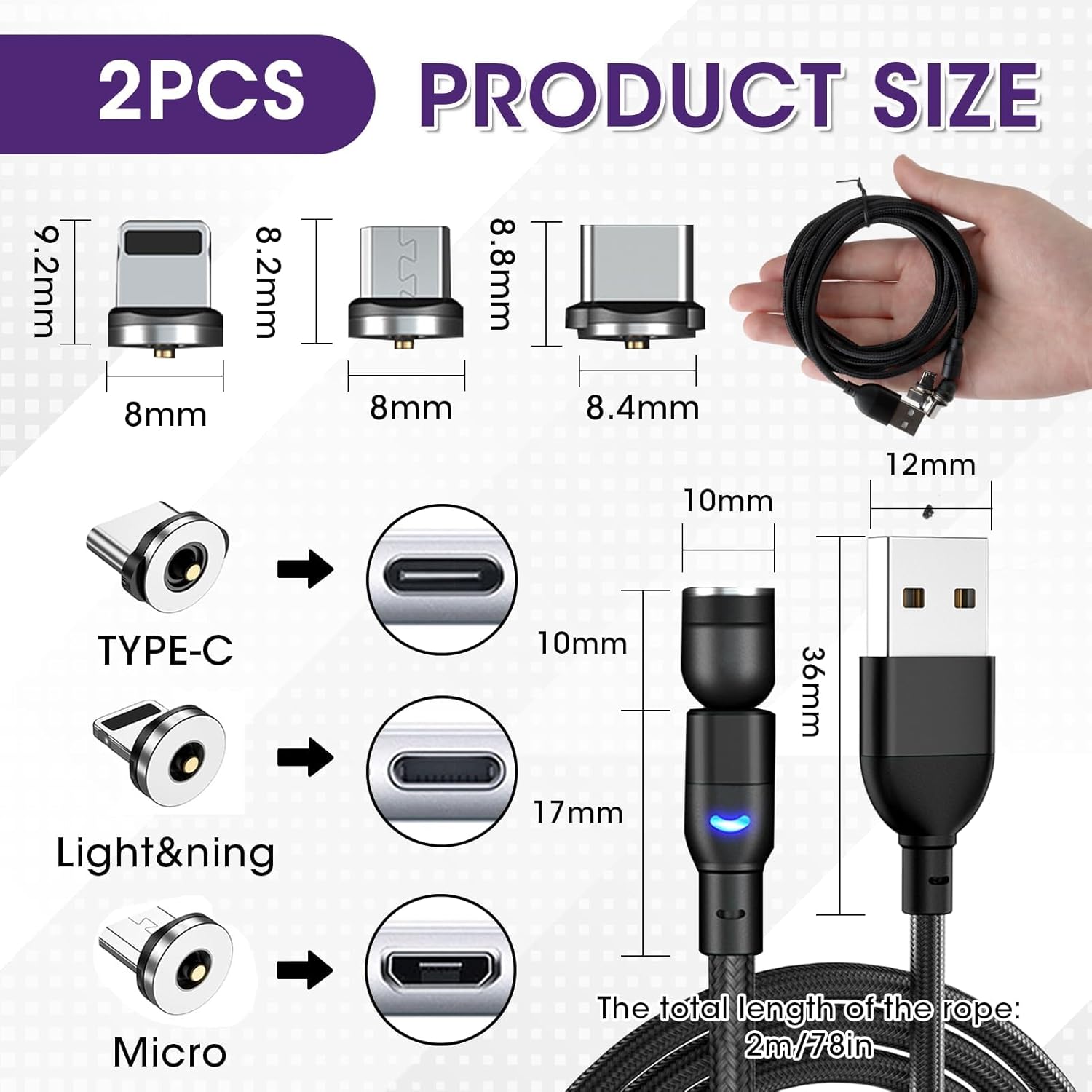 Thumbnail 1 de Qaum Magnetic Charging Cable 2PCS (2M+2M) – 3 in 1 Nylon Braided USB Cable