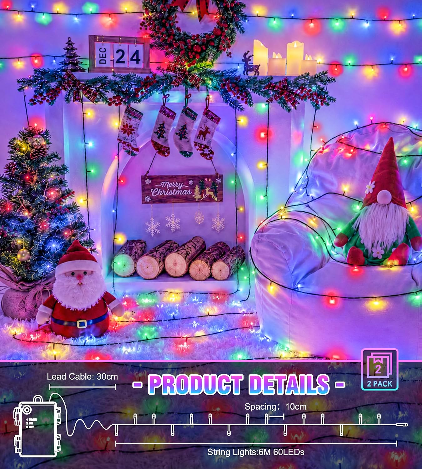 Detalle 1 de Memusour 6Mm-2ML Battery-Operated Christmas Fairy Lights, 120 Multicolor LEDs
