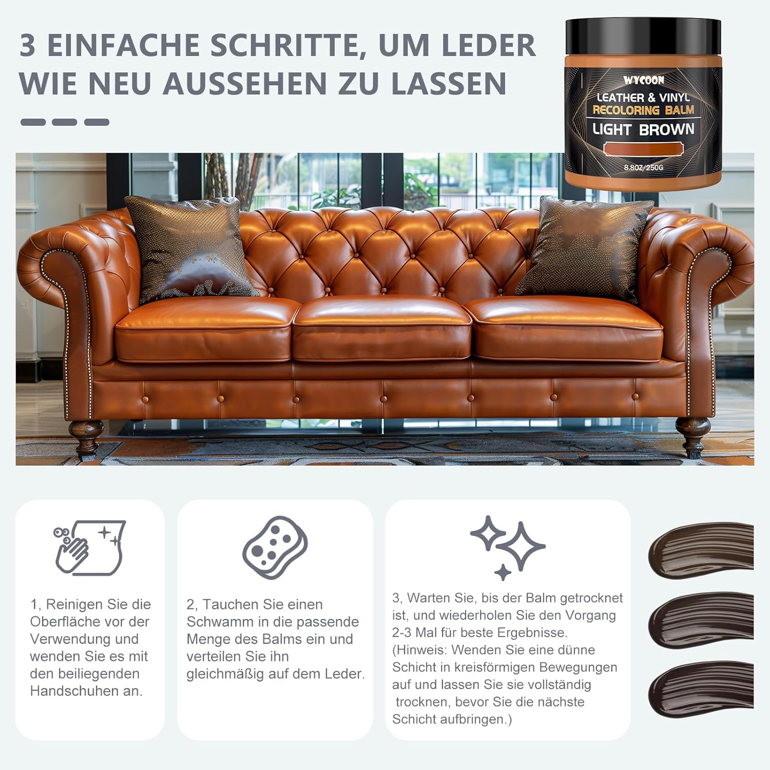 Detalle de WYCOON Kit Riparazione Pelle Borgogna con tintura liquida, vernice e crema colorante per divani, mobili e interni auto