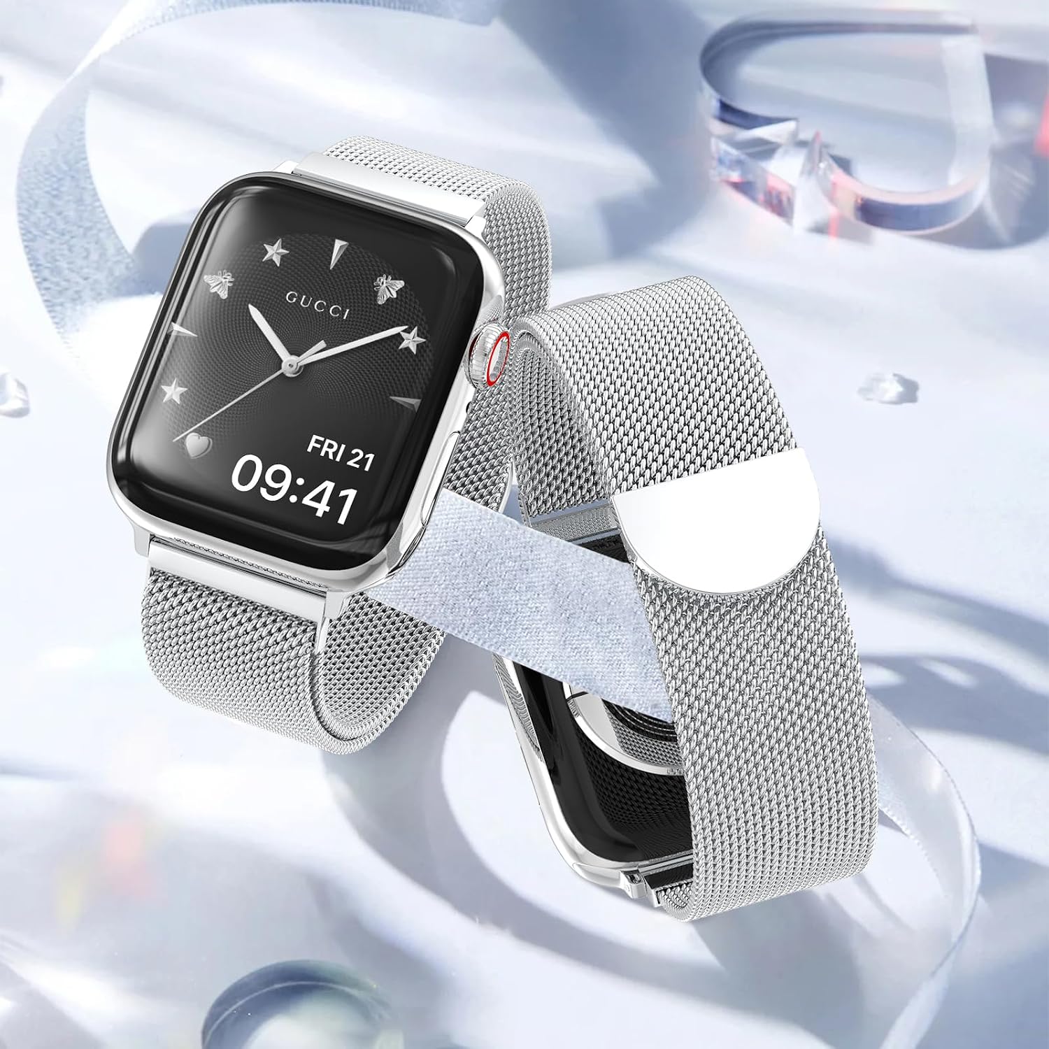 Detalle 2 de OULUOQI Classic semicircle Strap Stainless Steel Mesh Apple Watch Band, Magnetic Clasp