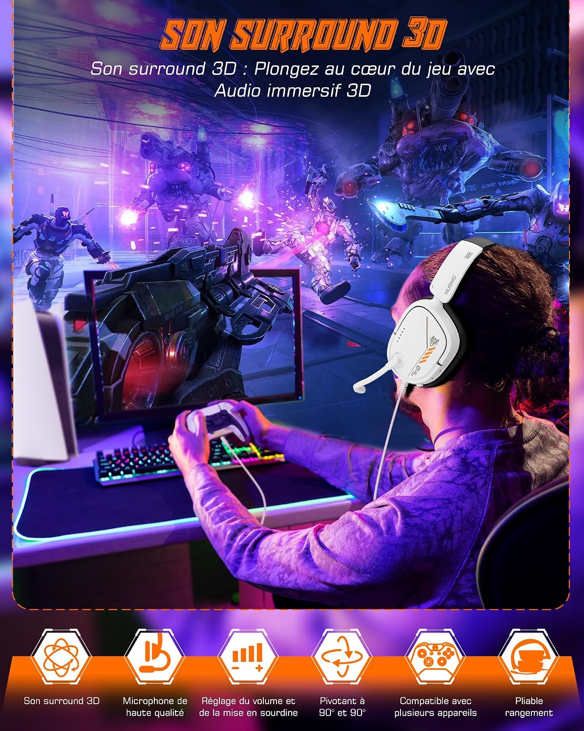 Thumbnail 1 de NUBWO Casque de jeu PS5 avec micro jack 3,5 mm