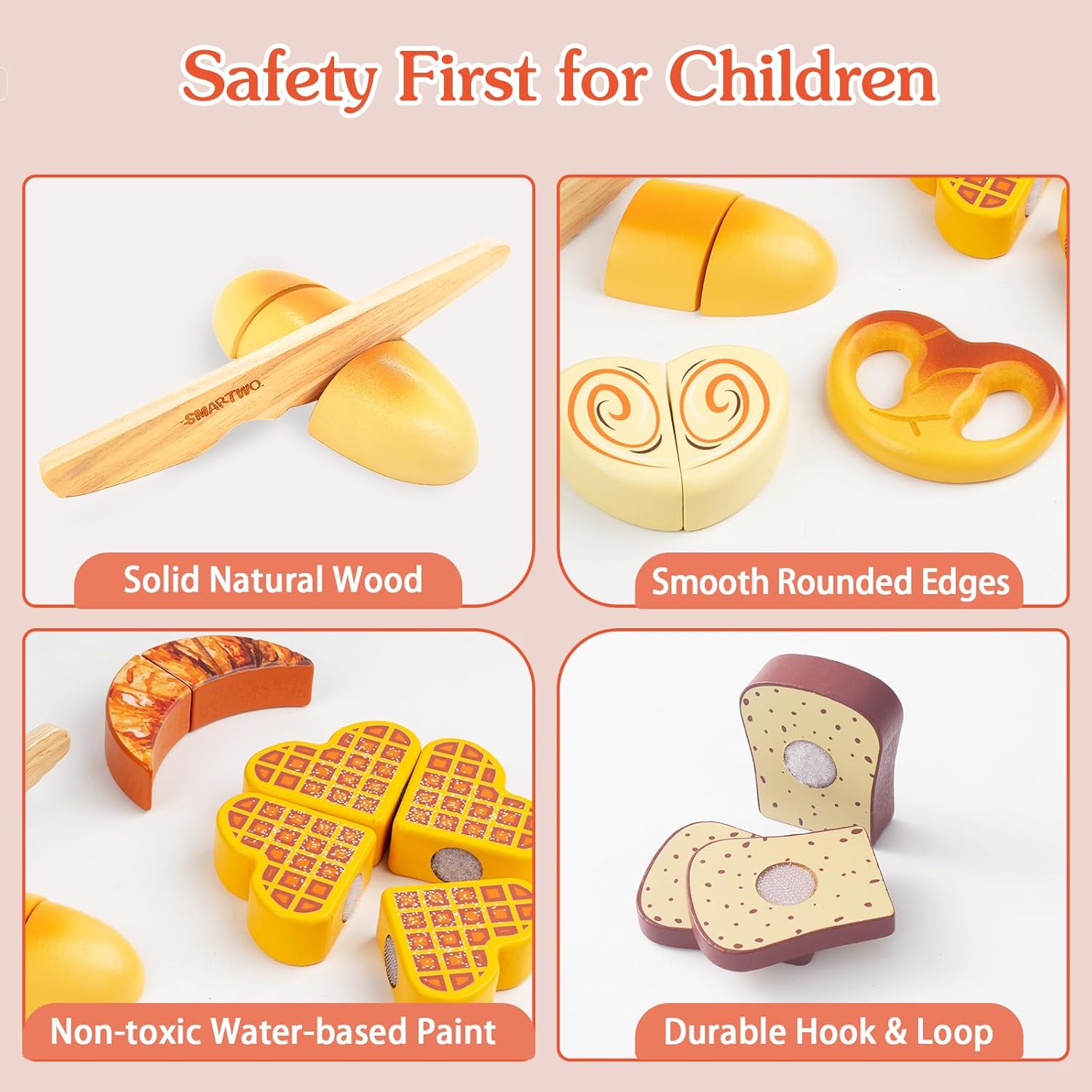 Thumbnail 1 de Smartwo Wooden Food Toys Pretend Play Bakery Set (9-piece bread cutting game for toddlers)