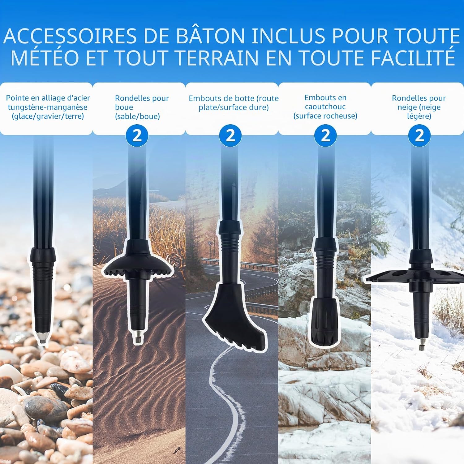 Detalle de Overmont Bâtons de randonnée pliables en aluminium léger – Réglables 105–125 cm (1 paire) avec accessoires tout-terrain