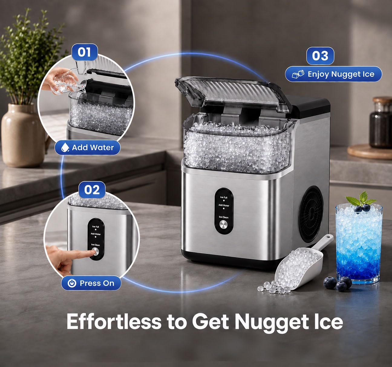 Detalle de Electactic Nugget Ice Maker Countertop Ice Maker, 35 lb/24-Hour Output