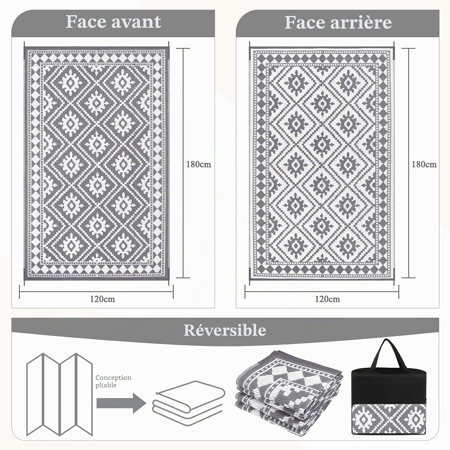 Detalle 2 de Enyhom Tapis de pique-nique pliable réversible 180 x 270 cm – Gris, extérieur