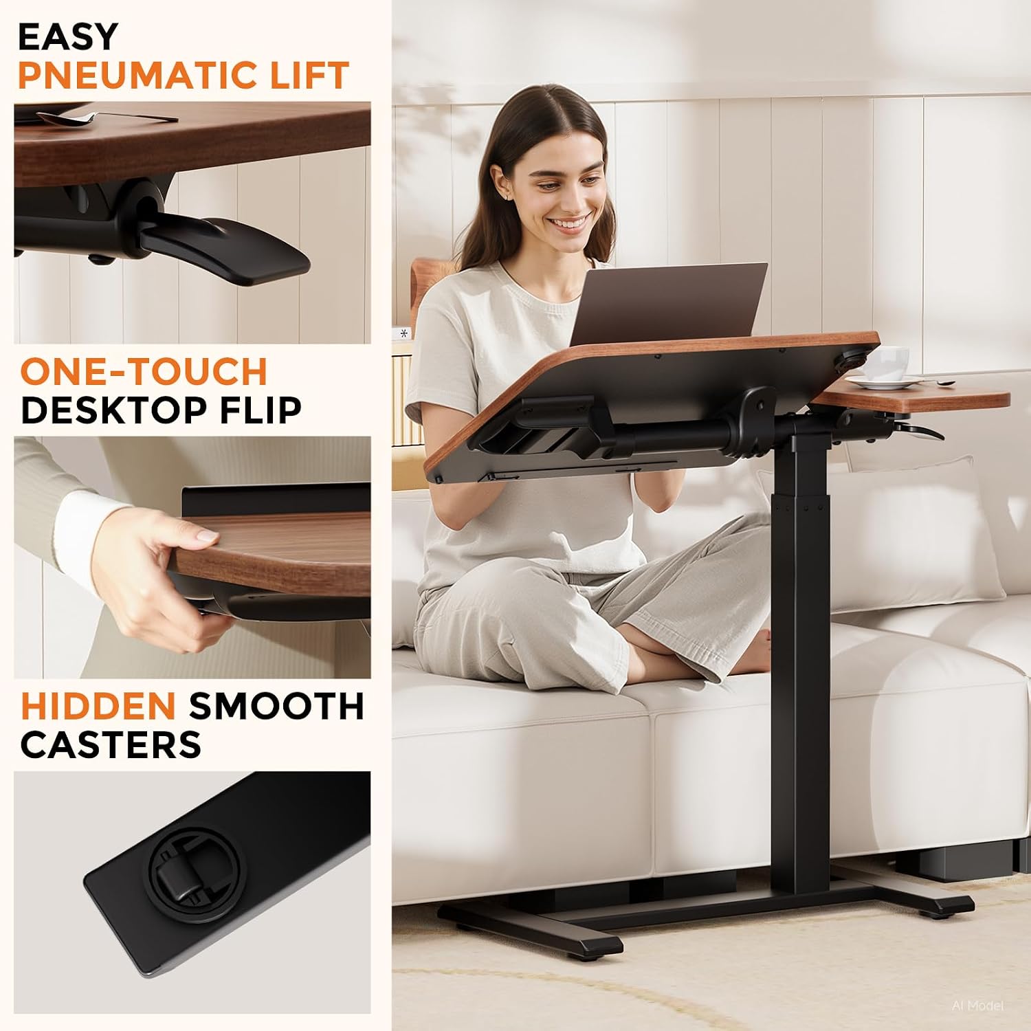 Detalle 1 de COMHOMA LT003-COM Tilting Overbed Desk, Pneumatic Height Adjustment, Walnut