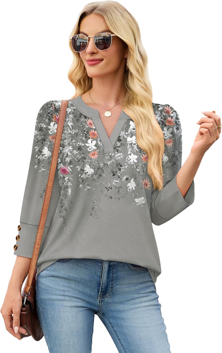 Detalle de WIHOLL 3/4 Sleeve V-Neck Top with Button Cuffs for Dressy Casual Office & Everyday Wear