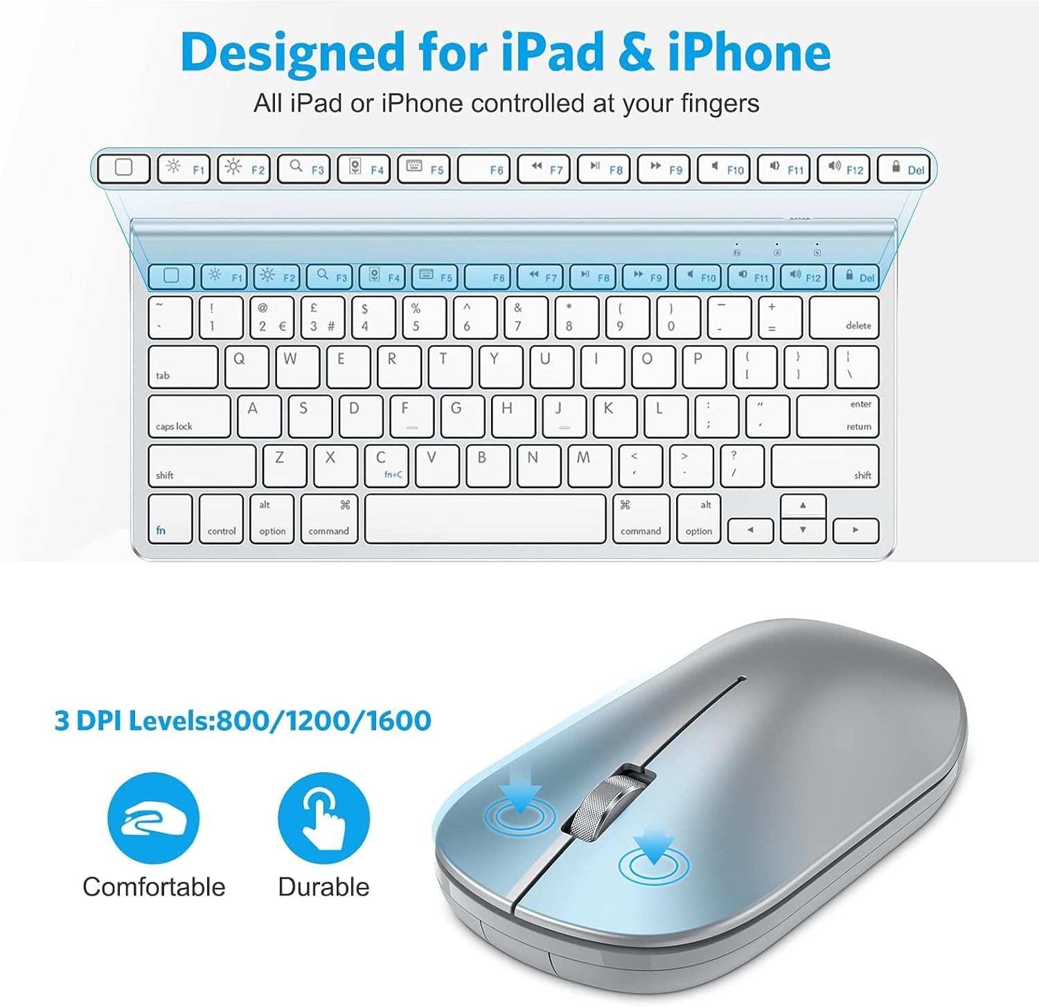 Thumbnail 4 de OMOTON Bluetooth Keyboard and Mouse Set for iPad and iPhone – Silver