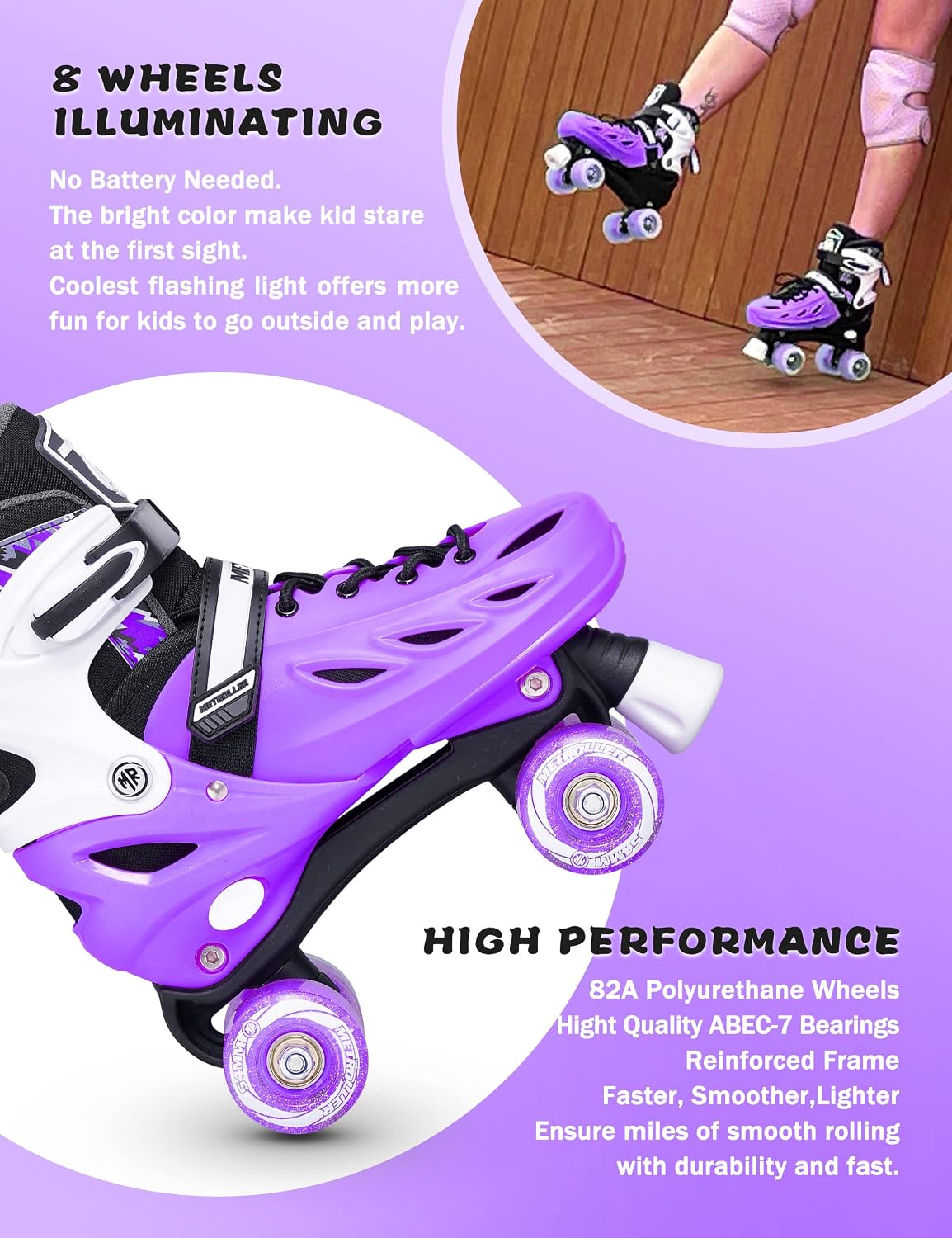 Detalle de METROLLER Adjustable Roller Skates for Kids & Teens (Light-Up Wheels, 4-Size Fit)