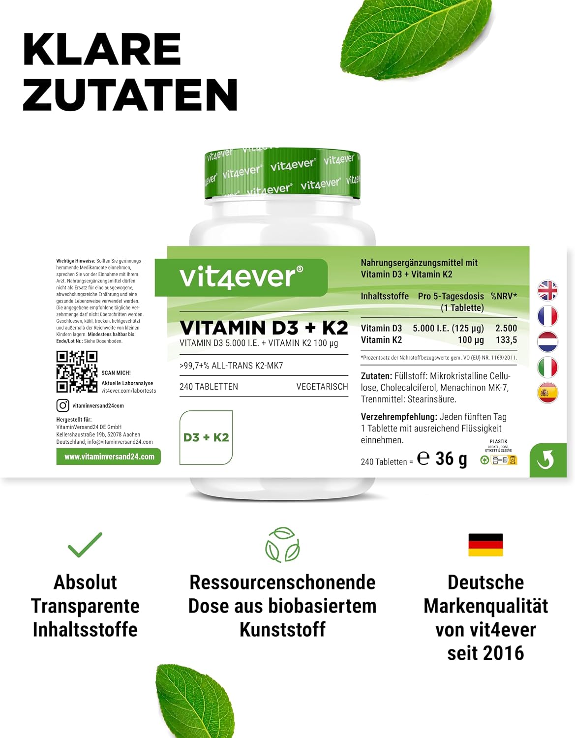 Thumbnail 5 de vit4ever Vitamin D3 + K2 Depot 240 Tabletten