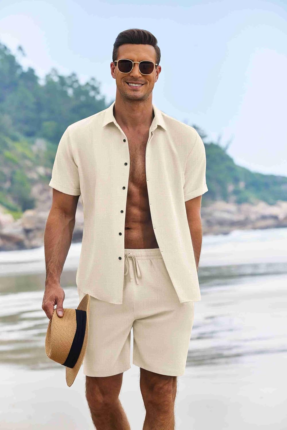 Thumbnail 1 de COOFANDY Men's 2-Piece Summer Set with Linen-Texture Shirt and Drawstring Shorts