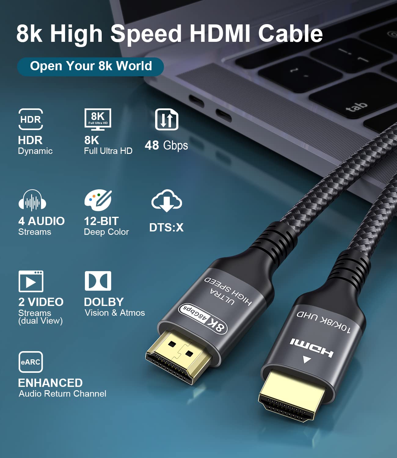 Detalle de Adauxter 4K HDMI Cable 20M – High Speed HDMI with Ethernet, 4K/60Hz to 4K/120Hz, HDR10+, eARC, HDCP2.3