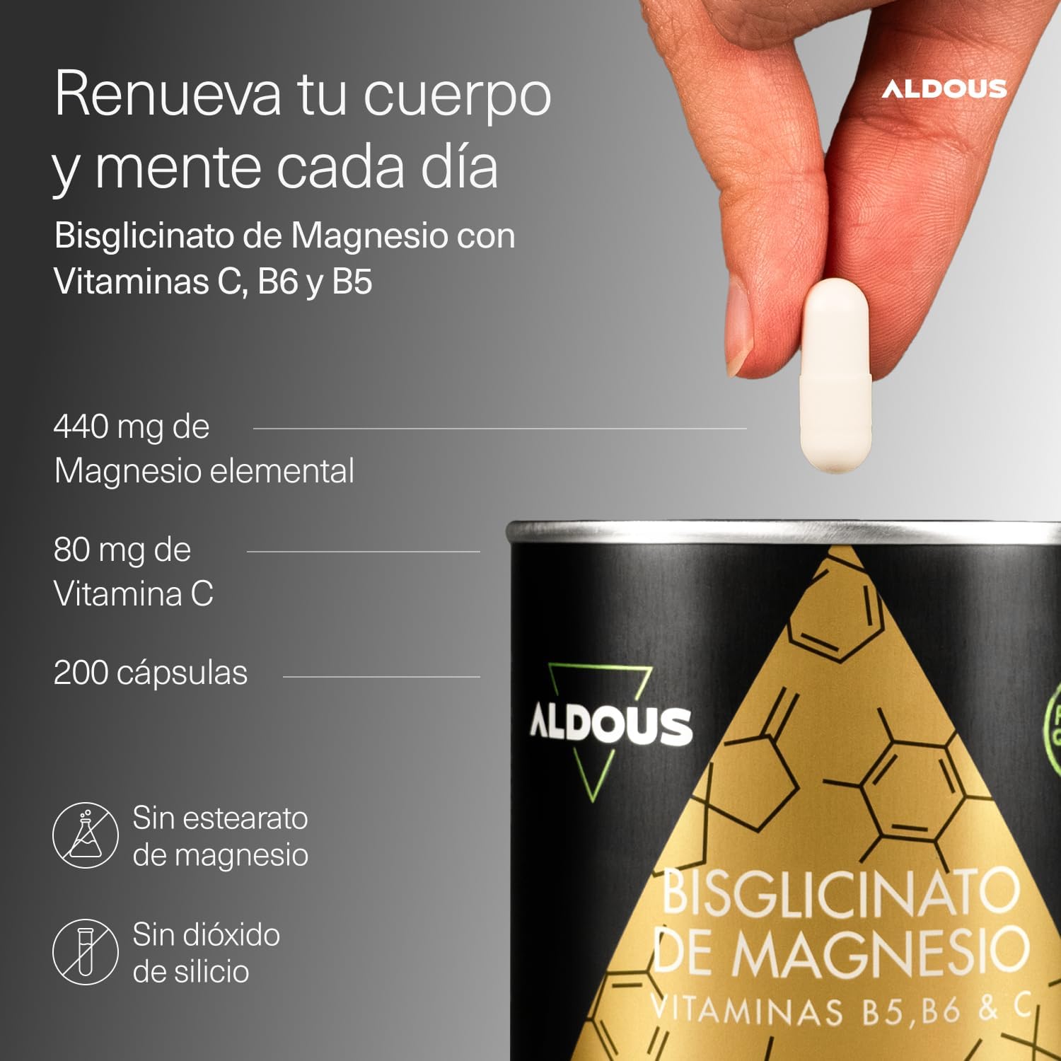 Detalle 2 de Magnesio Bisglicinato -200 Cápsulas- Vitamina C de Aldous Bio