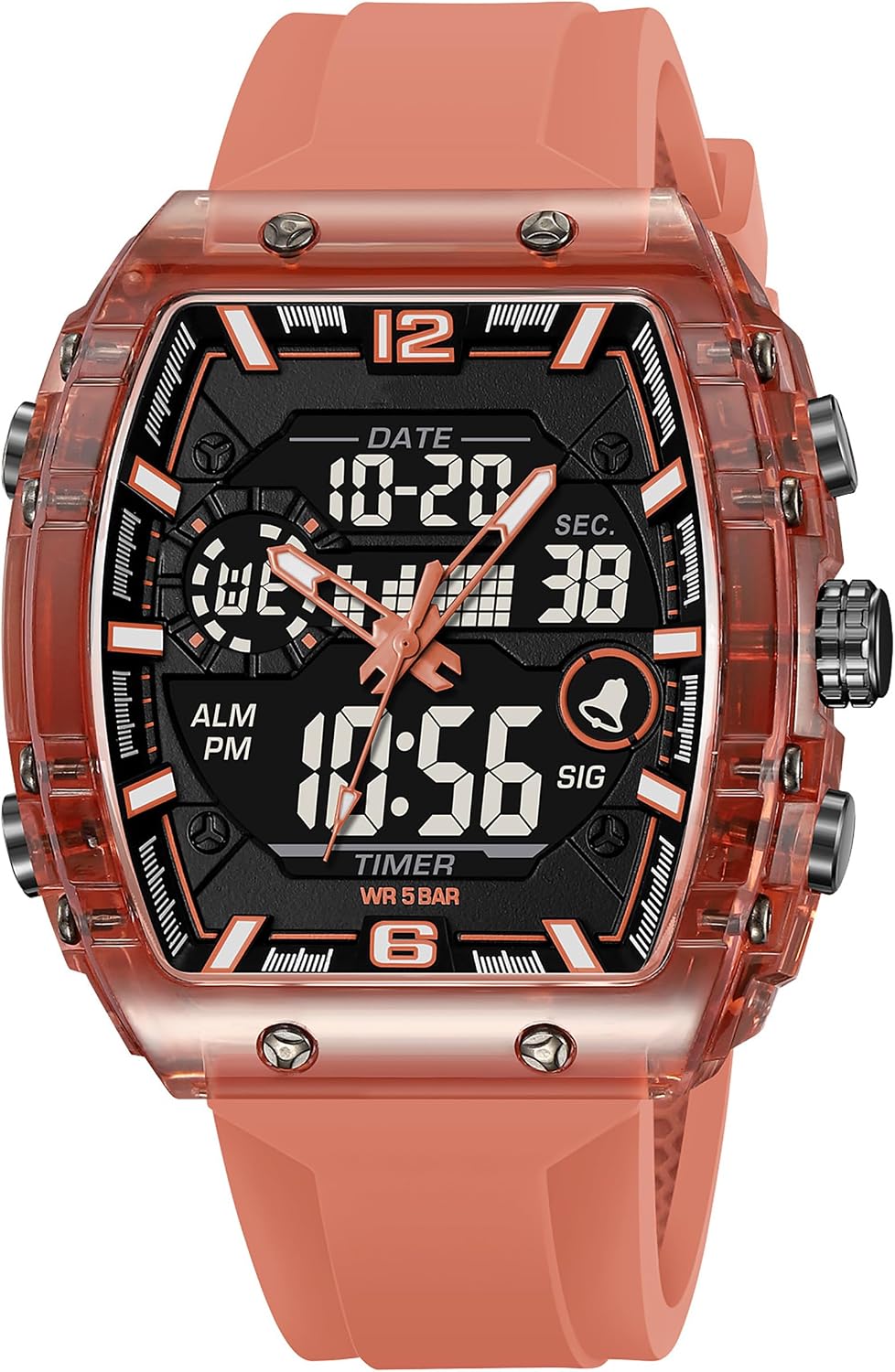 Detalle de findtime Herren Uhr – Tonneau/Rectangle Stylische Armbanduhr mit Alarm, Stoppuhr, Kalender und Dualzeit