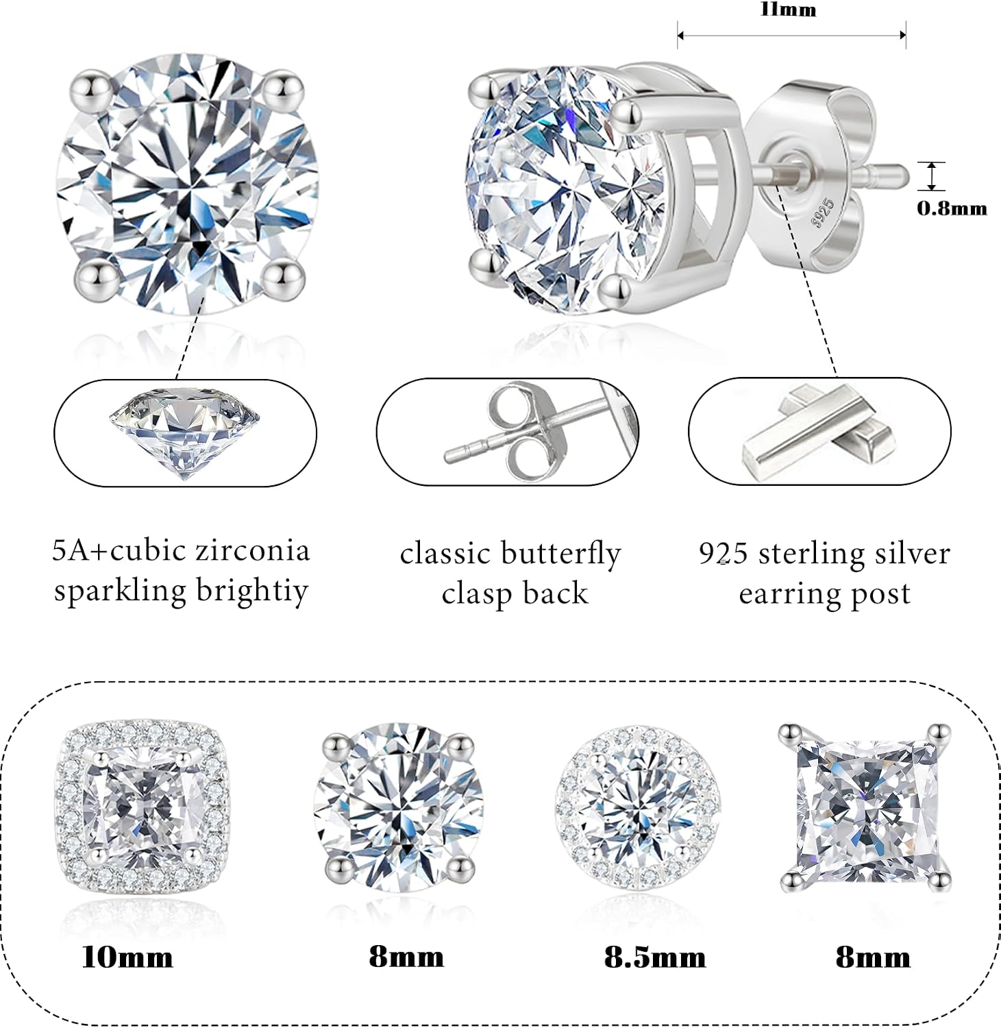 Detalle de Geveay Mens Silver Earrings: 4 Styles of Hypoallergenic Sterling Silver Studs