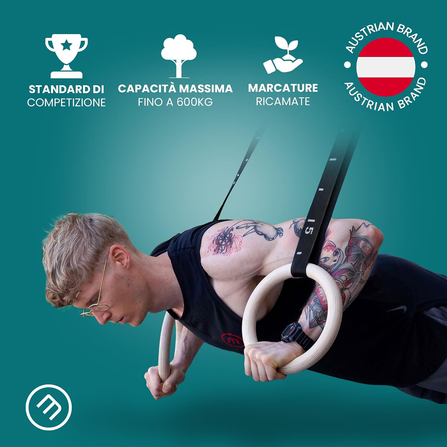 Detalle de Anelli Ginnastica in Legno BeMaxx con Ancoraggio da Porta e Cinghie Regolabili – Programma di Allenamento Calisthenics
