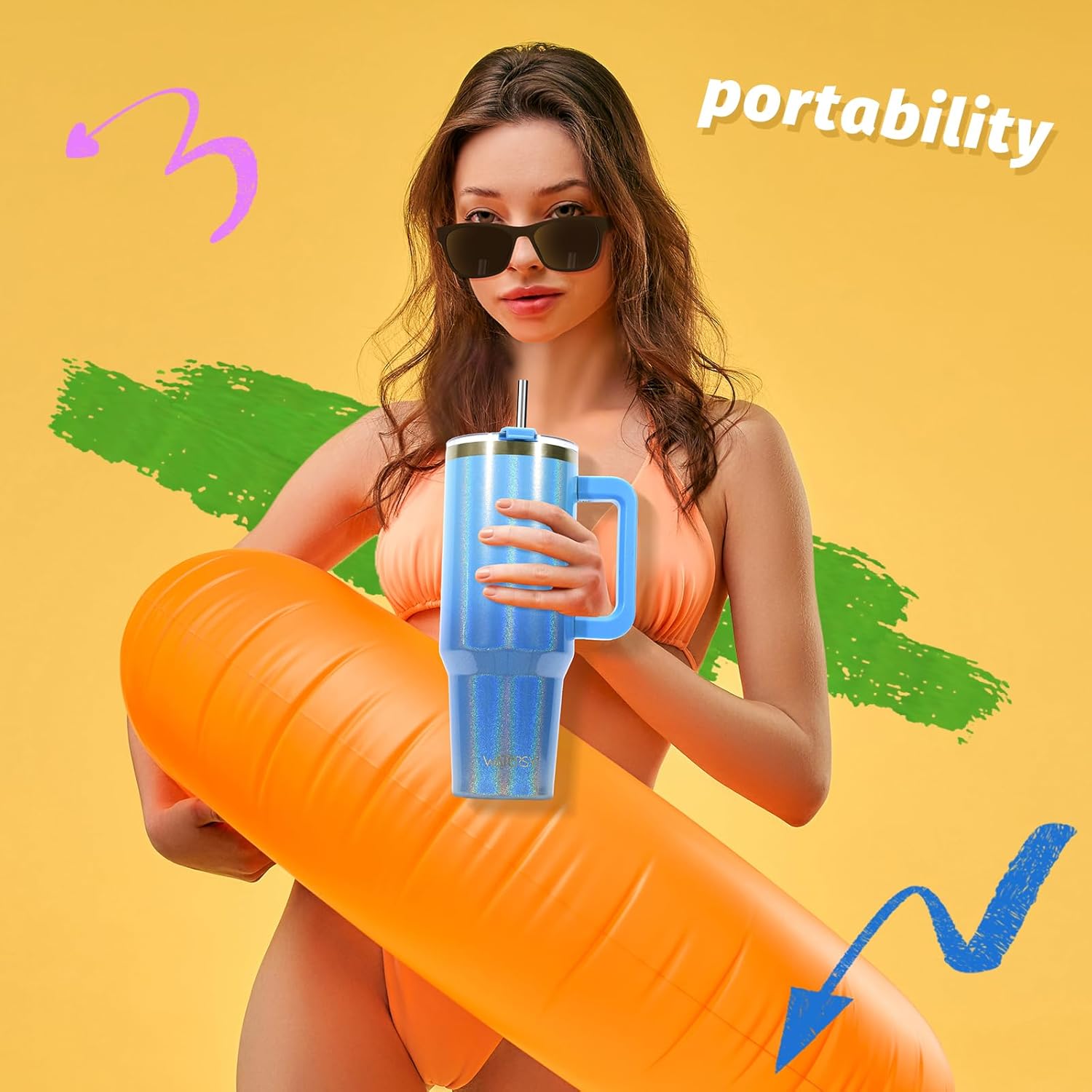 Detalle de WATERSY 40oz Tumbler with Straw and Lid – 1182ml Stainless Steel Vacuum Insulated Travel Mug (Blue)