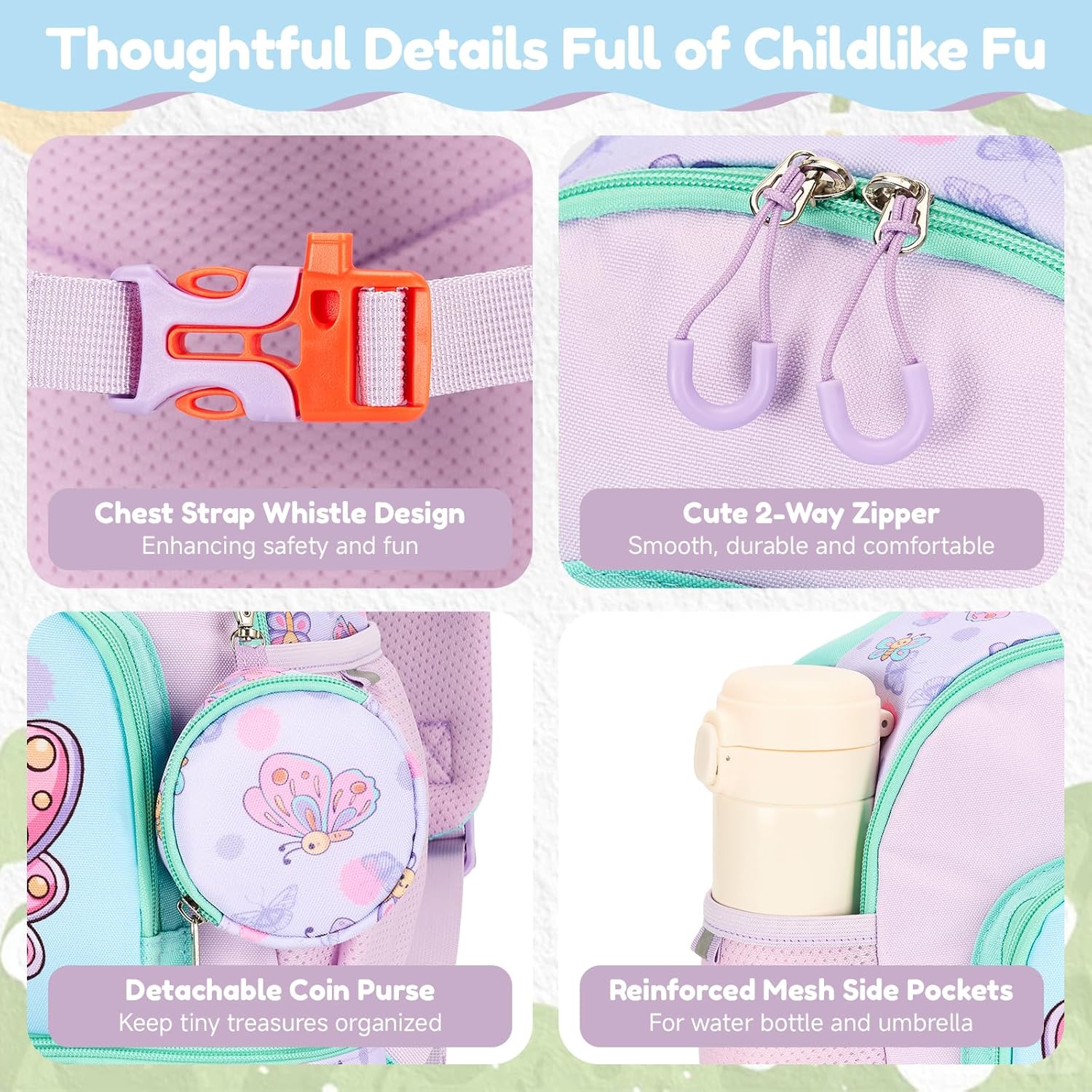 Detalle 2 de PROTAURI Sac à Dos Enfant Maternelle Papillon – Cartable École avec Compartiment Isotherme et Sangle de Poitrine