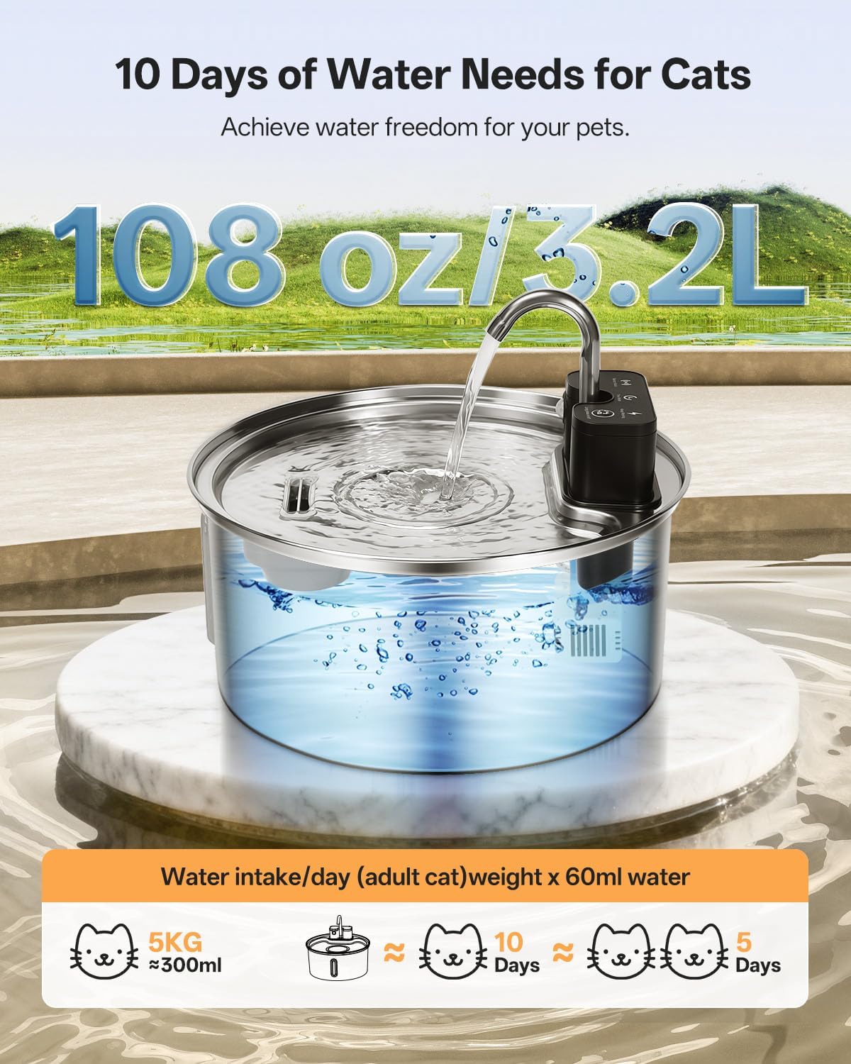Detalle de VinDox Katzenbrunnen Kabellos – Edelstahl Trinkbrunnen mit Bewegungssensor, 3 Wassermodi und 45 Tagen Akku (3,2 l Tank)