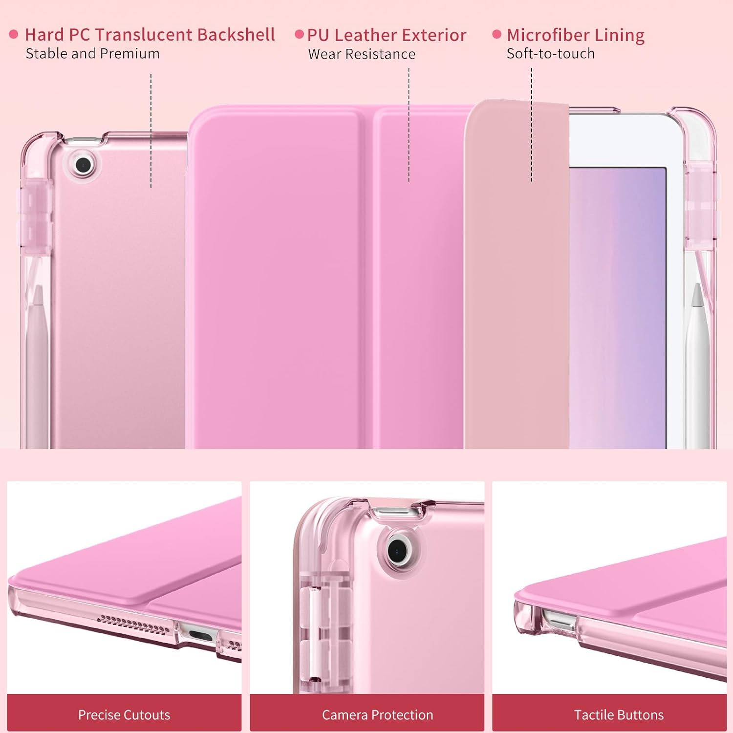 Detalle de MoKo 10.2-Inch iPad Case (9th/8th/7th Gen) with Pencil Holder – Slim, Translucent Back, Pink