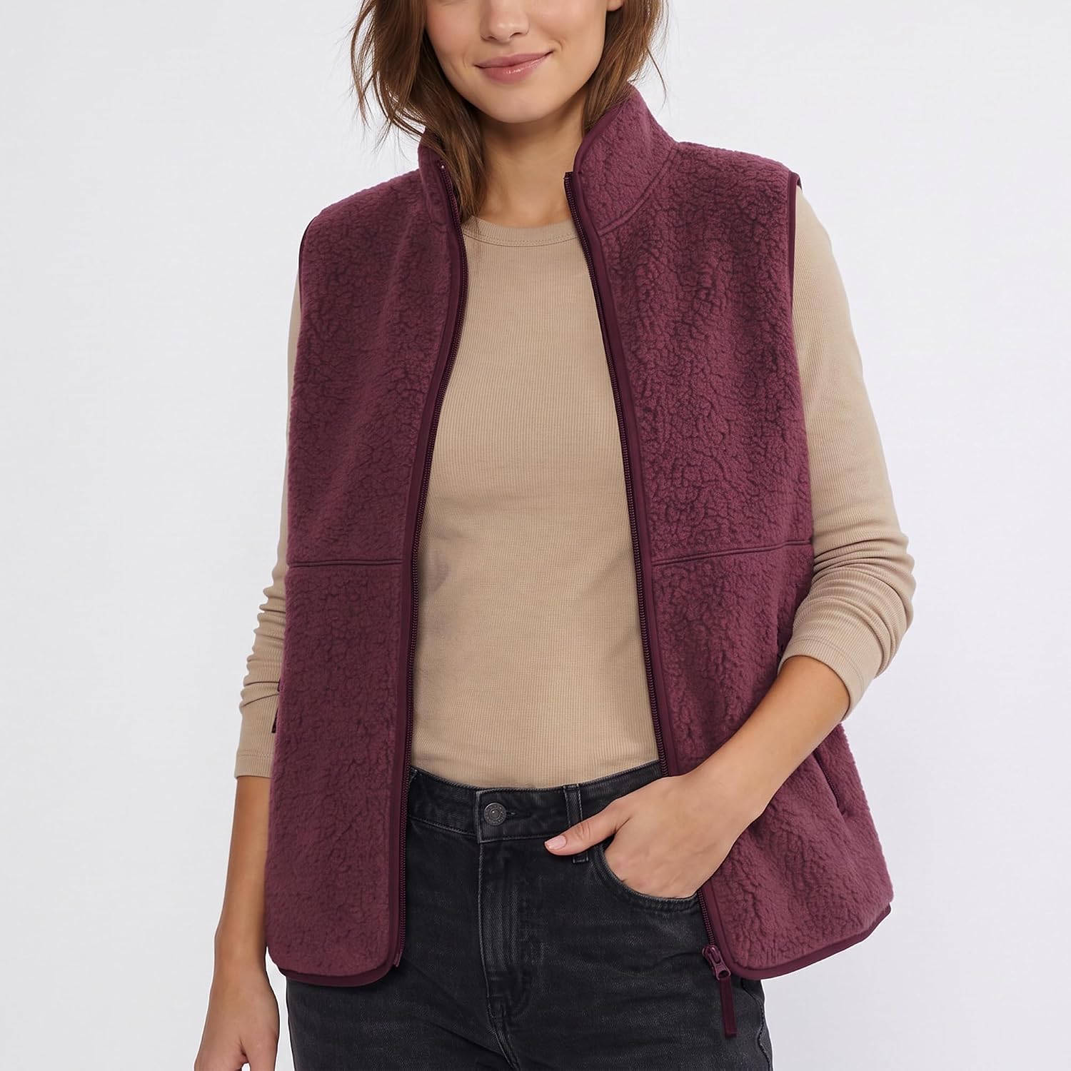 Detalle 1 de Hixiaohe Women's Sherpa Fleece Vest, Lightweight Zip-Up with Mock Neck and Pockets