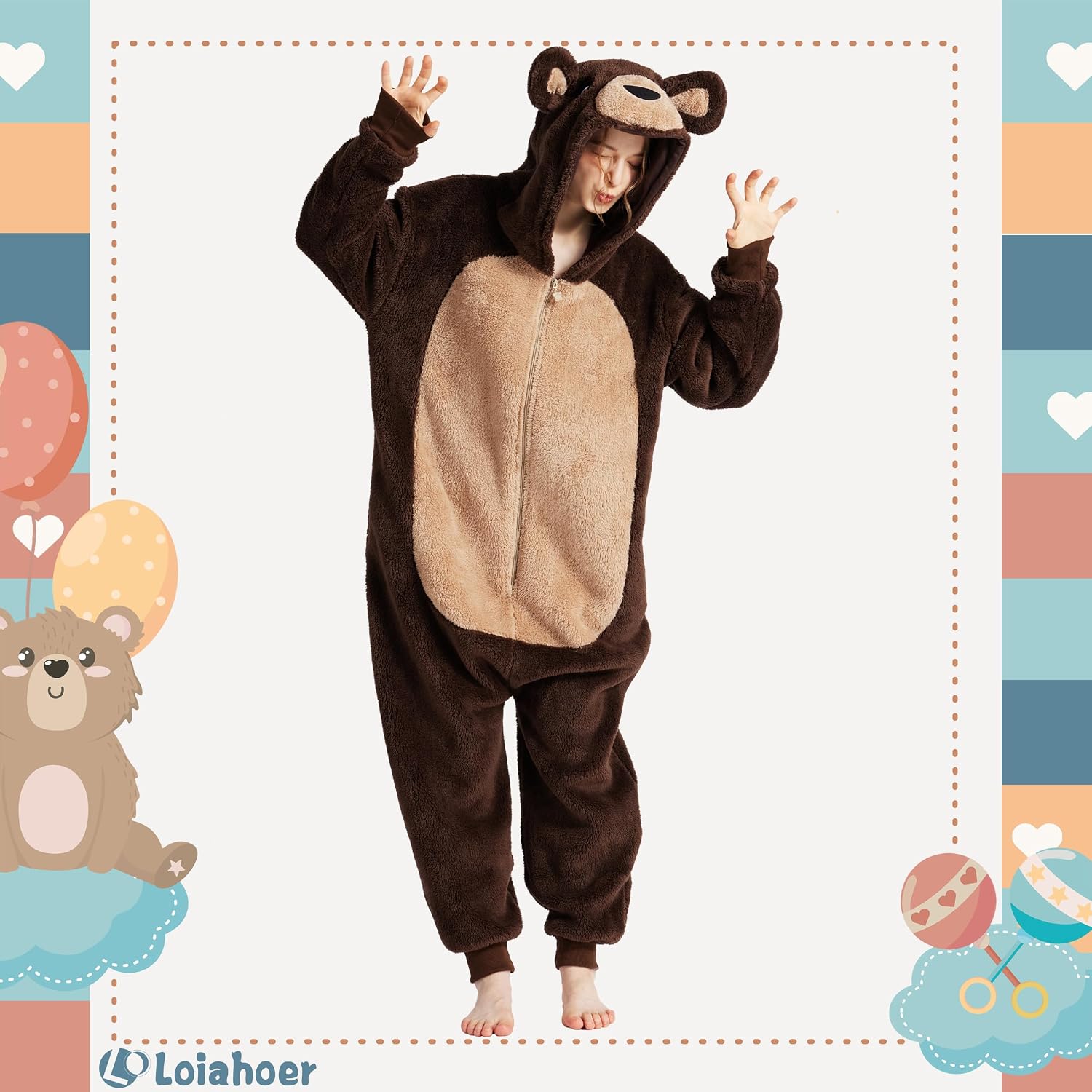 Detalle de Loiahoer Unisex Bear Onesie Pajamas in Shu Velveteen with Hood and Zipper