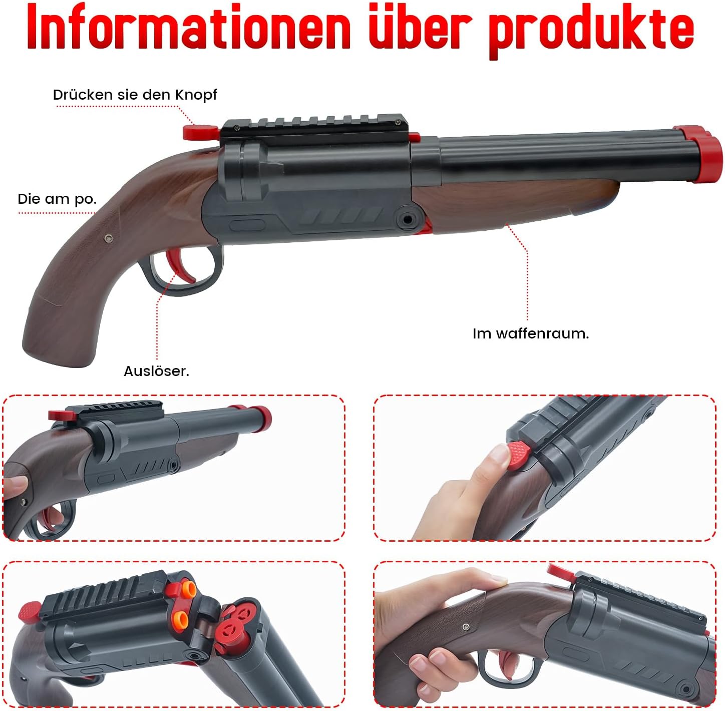 Detalle de Double Barrel Soft Bullet Shot Spielzeug Schaum Blaster mit Shell Auswerfen – 2 in 1 Schaum Dart Blaster (6+)