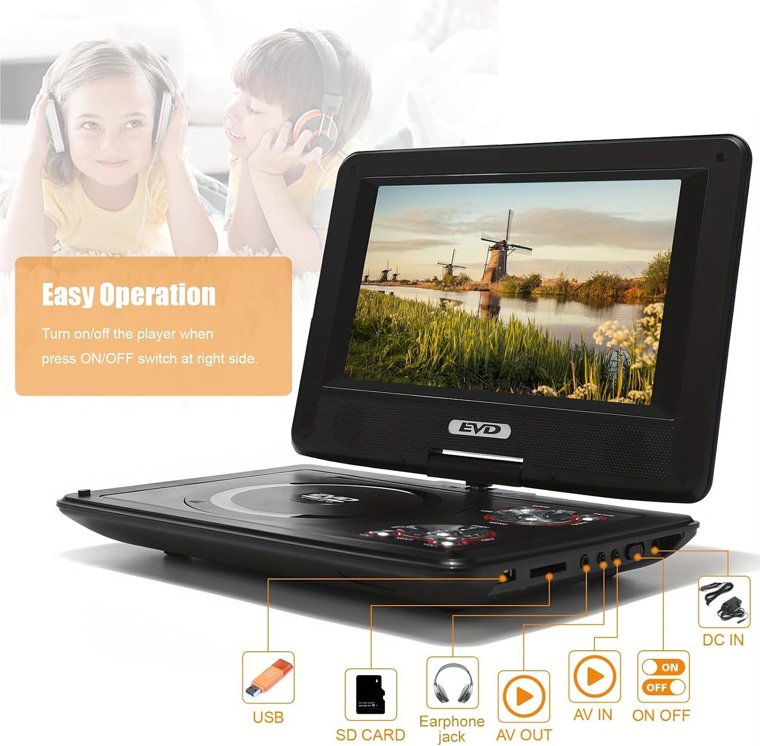 Detalle de SQQBZZ PD-9806 Portable DVD Player, 9.5-Inch Swivel Screen, 5-Hour Battery