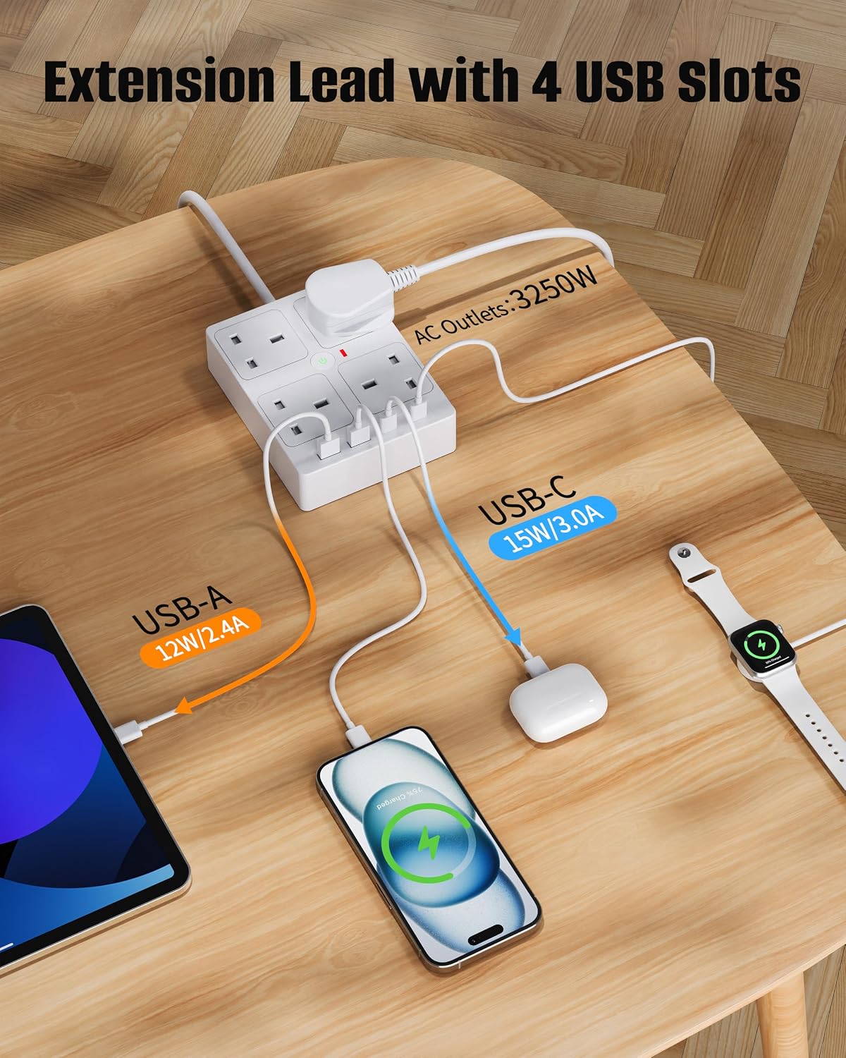 Thumbnail 2 de Extension Lead with USB Slots and 1.5m Cable (4 Way, 2 USB-C, 2 USB-A) with 900J Surge Protection