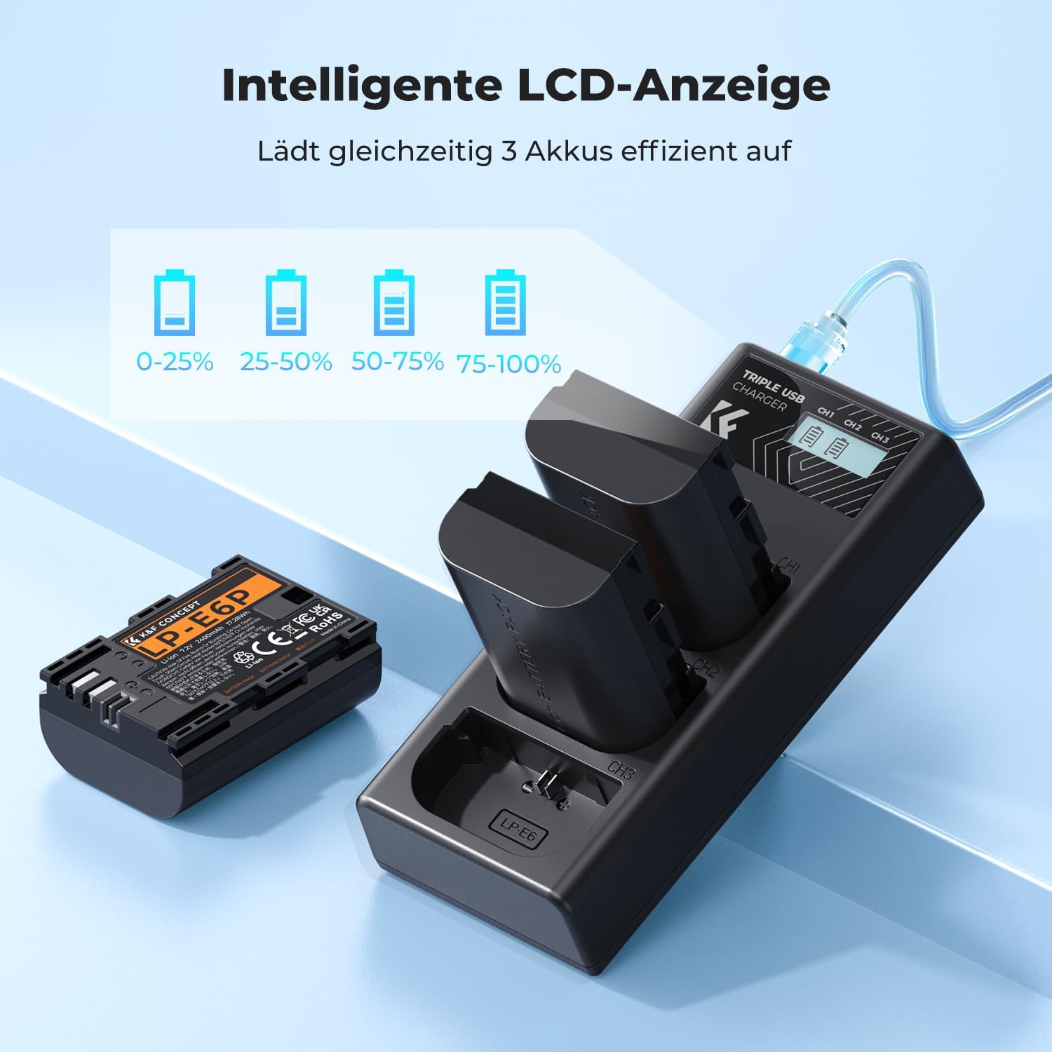 Detalle de K&F CONCEPT LP-E6P Akku 3er Pack mit 3-Slot Ladegerät – 7200 mAh Backup-Lösung für Canon-Modelle
