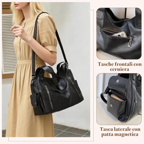 Detalle 2 de Mabecol borsa donna shopper in PU nero, capiente con tracolla regolabile