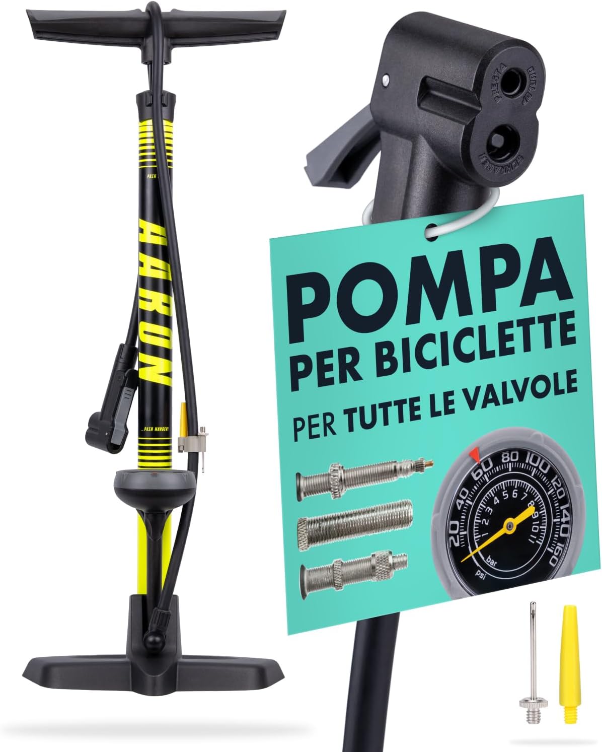 Detalle de AARON Sport One: Pompa a pavimento per Biciclette con manometro, alta pressione fino a 11 bar/160 psi