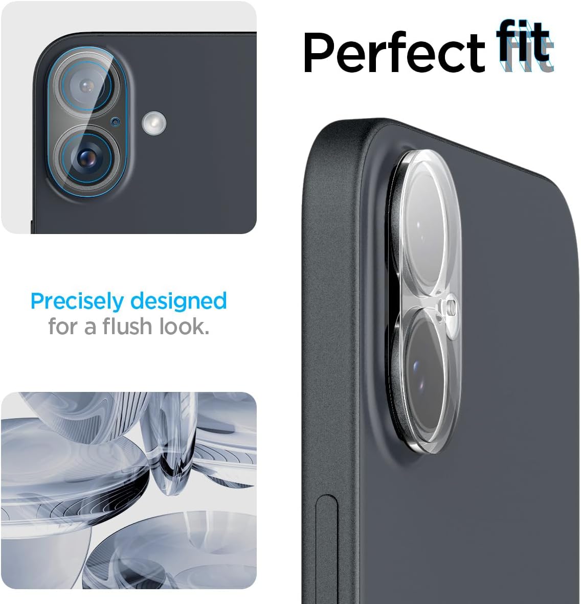 Detalle de Spigen Glas.tR Optik protezione fotocamera per iPhone 16 / iPhone 16 Plus (2 pezzi) cristallino, durezza 9H