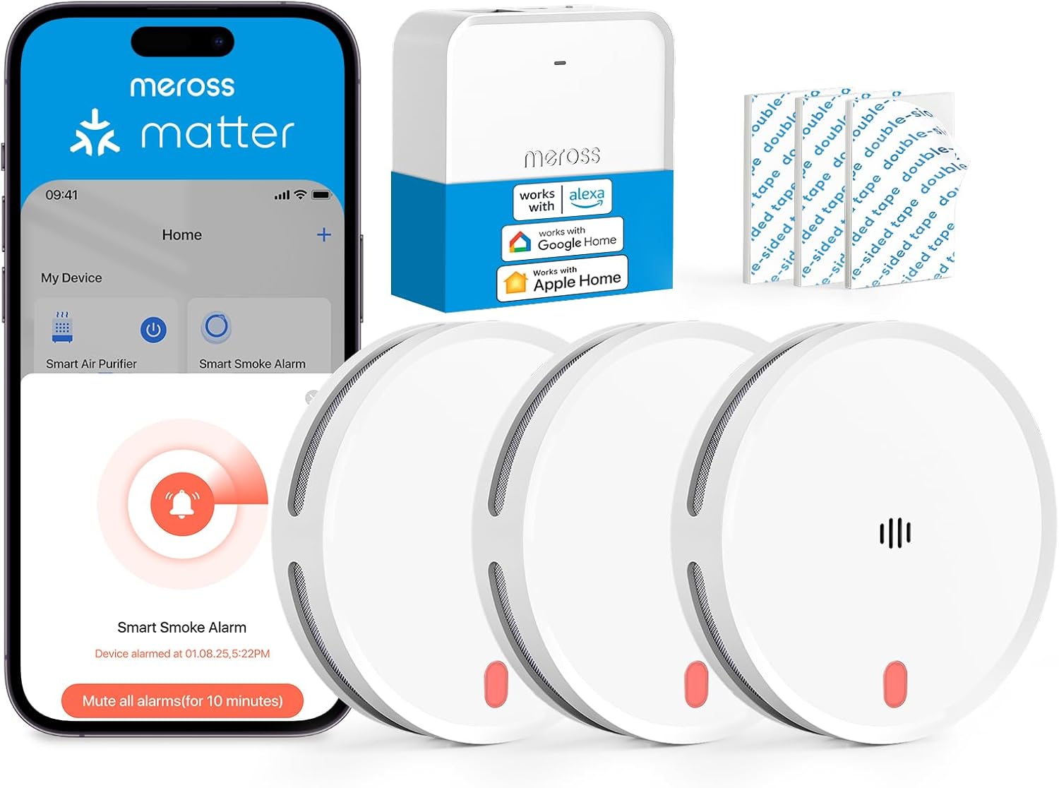 Detalle de Meross MA151 Smart Smoke Alarms with MSH450 Hub (3 Pack) – Dual Photoelectric, 10-Year Lifespan