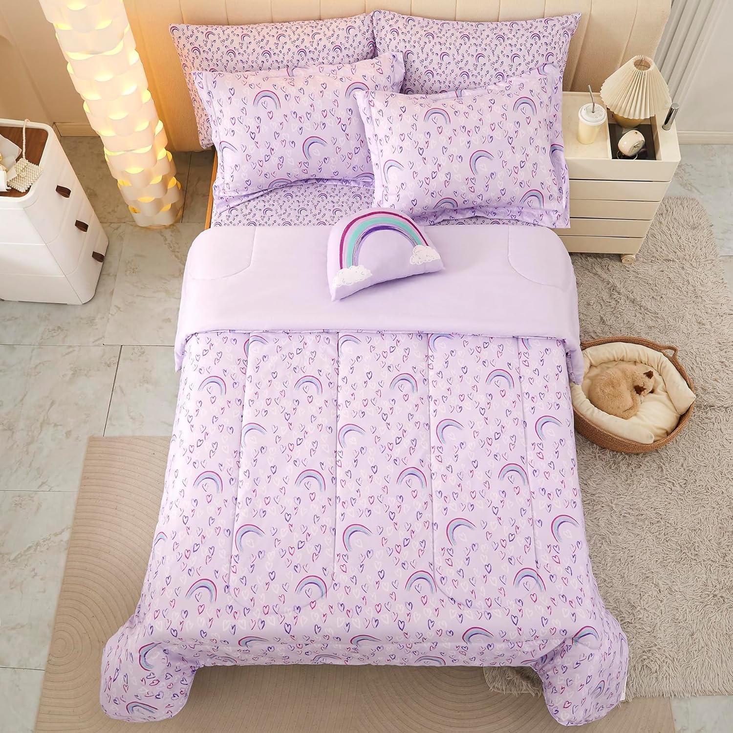 Detalle 2 de Mooreeke Full Size 8-Piece Kids’ Comforter Set, Purple Rainbow Microfiber